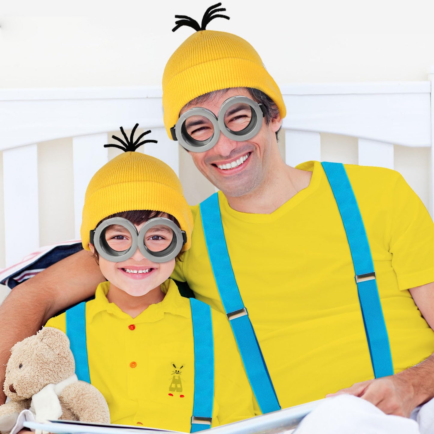 CONGRU 4 Pcs Halloween Costume Accessories Adults-Yellow Beanie Hat/Goggles/Gloves/Suspenders for Halloween Dress Up