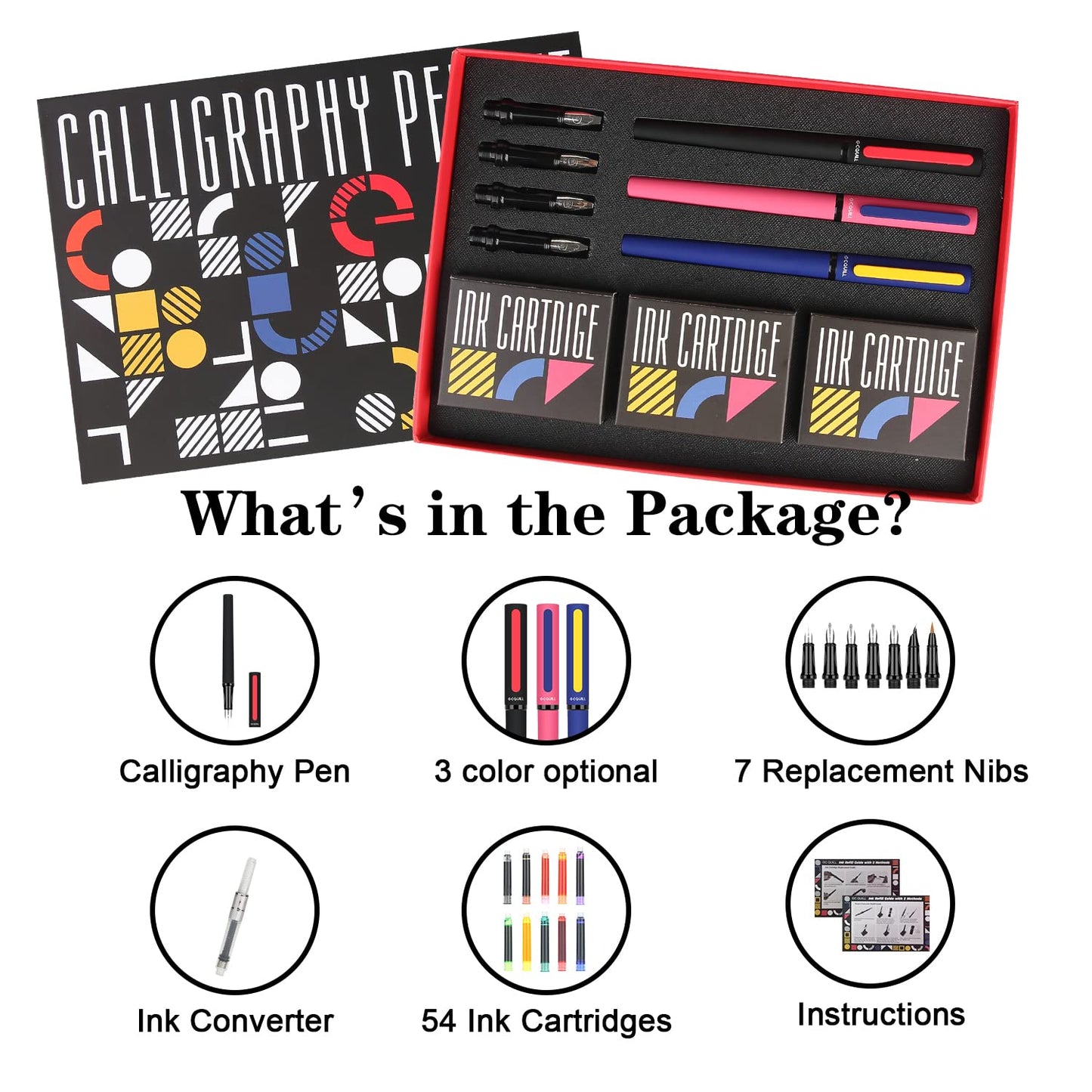 GC QUILL Calligraphy Pens Set 64pcs - Calligraphy Fountain Pen Set with 3 Fountain Pens, 7 Varied Nibs, 54 Ink Cartridges(10 Colors) - Writing, Drawing and Calligraphy Practice for beginner GC-F354