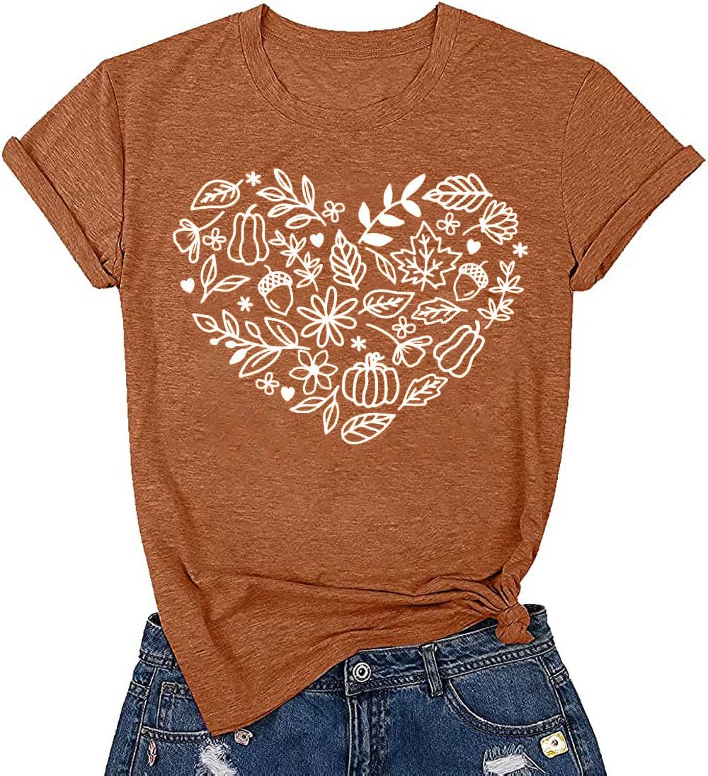 Fall Heart T-Shirt for Women Family Halloween Thanksgiving Tops Cute Autumn Floral Pumpkin Heart Graphic Tees(As Shown,L)