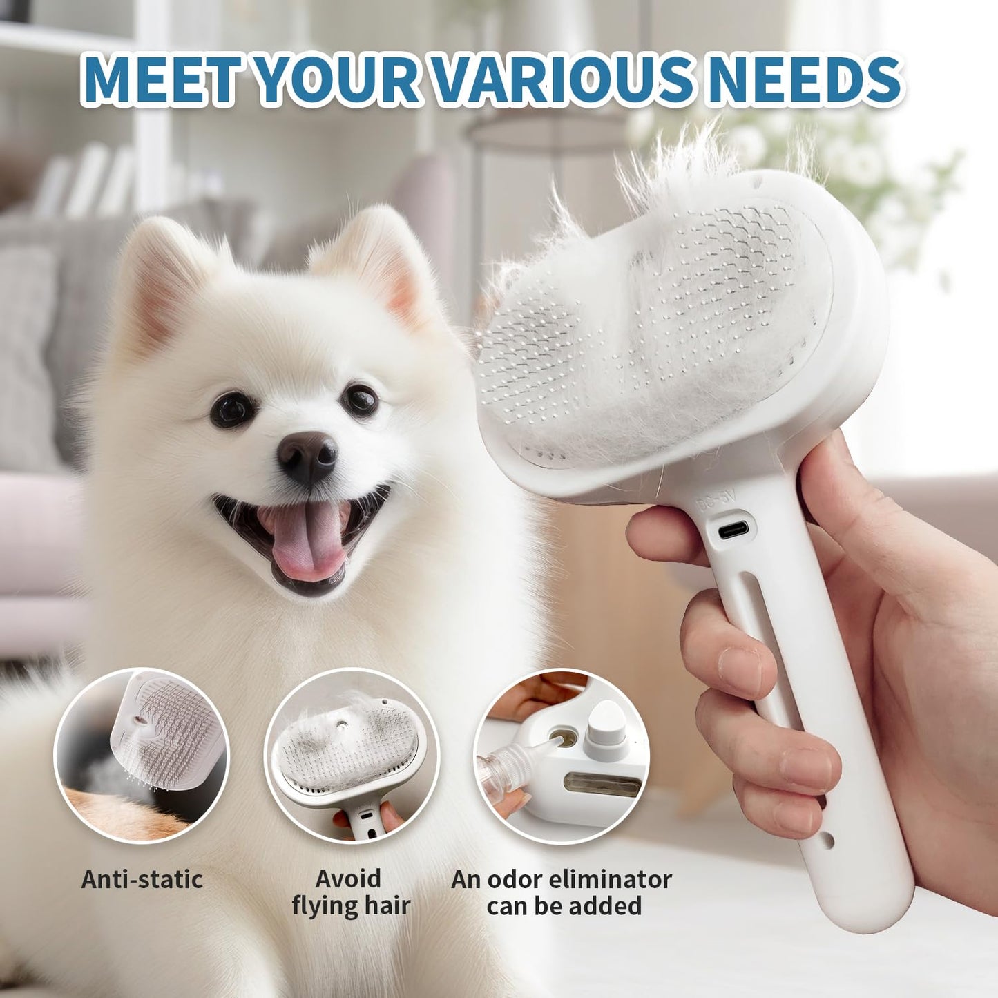 Herokitty 3 In 1 Self Cleaning Steamy Pet Brush - Anti-Static, Grooming Tool for Long and Short Hair Pets, Removes Loose Hair and Reduces Shedding, White