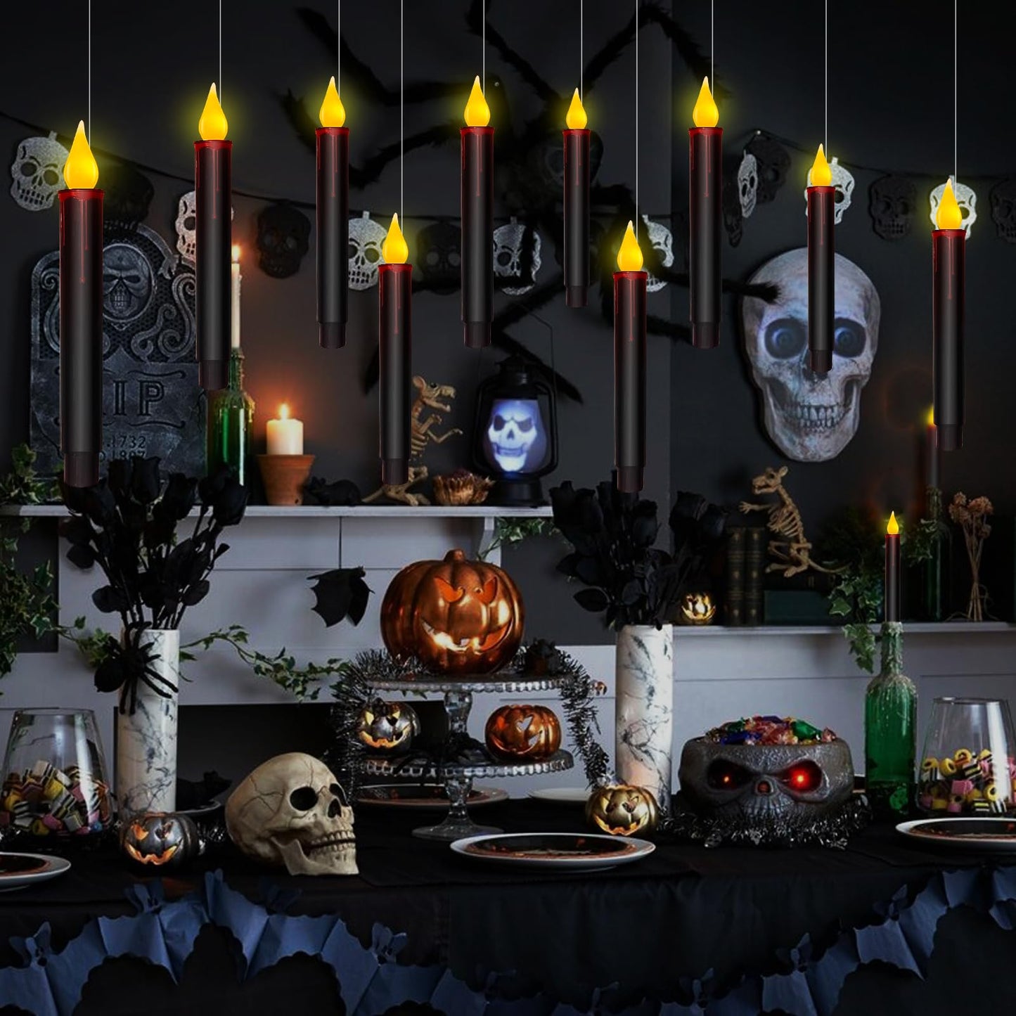 Floating Candles With Remote - 10 PCs Magic Hanging Flameless Taper Lights, Flickering Warm Battery Operated LED Window Decor for Home, Church, Horror Party, Halloween - Black