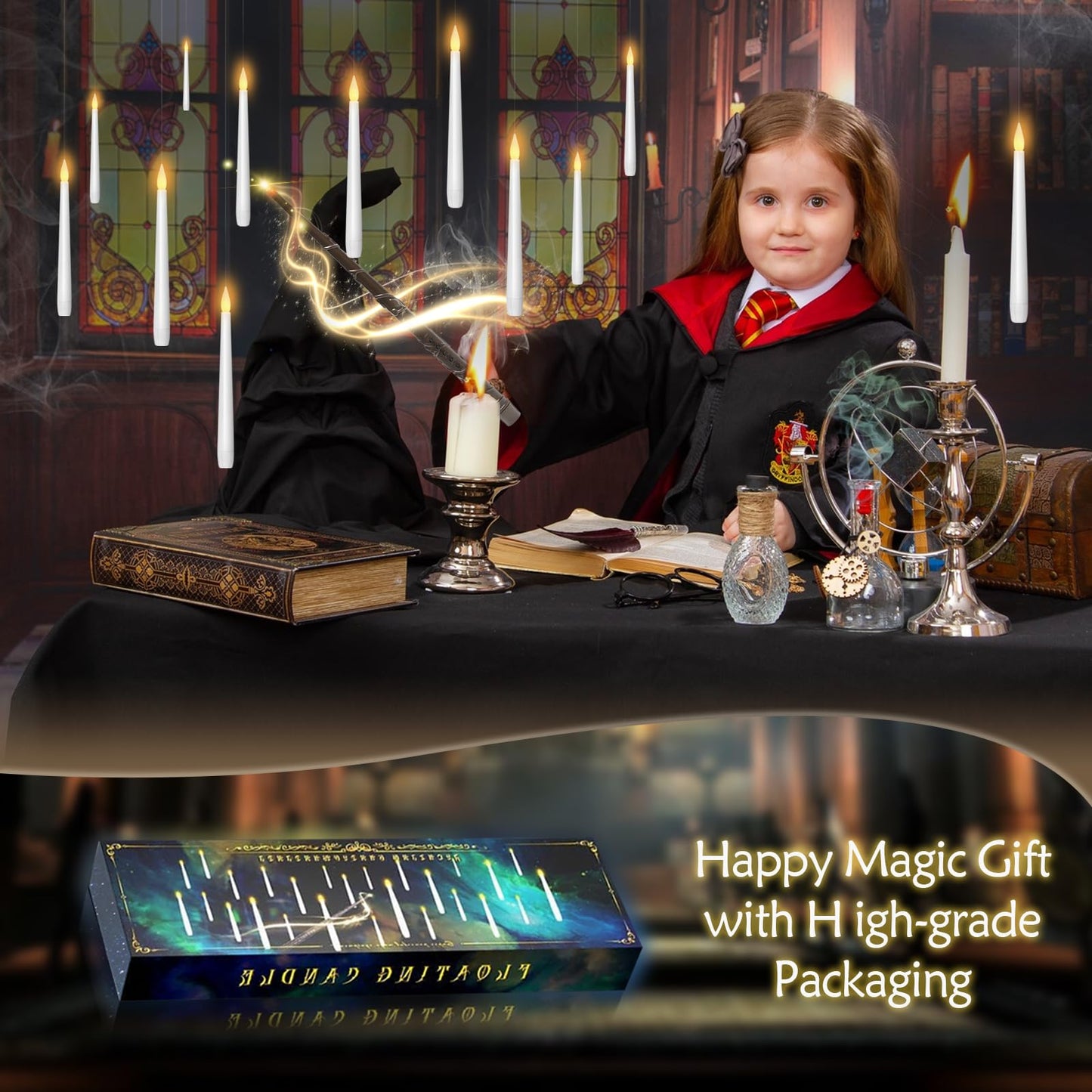 kakoya Flameless Floating Candles with Wand,20 Pcs Magic LED Hanging Taper Candles,Flickering Battery Operated Taper Candle with Wand Remote for Halloween Decorations Best Gift(White)