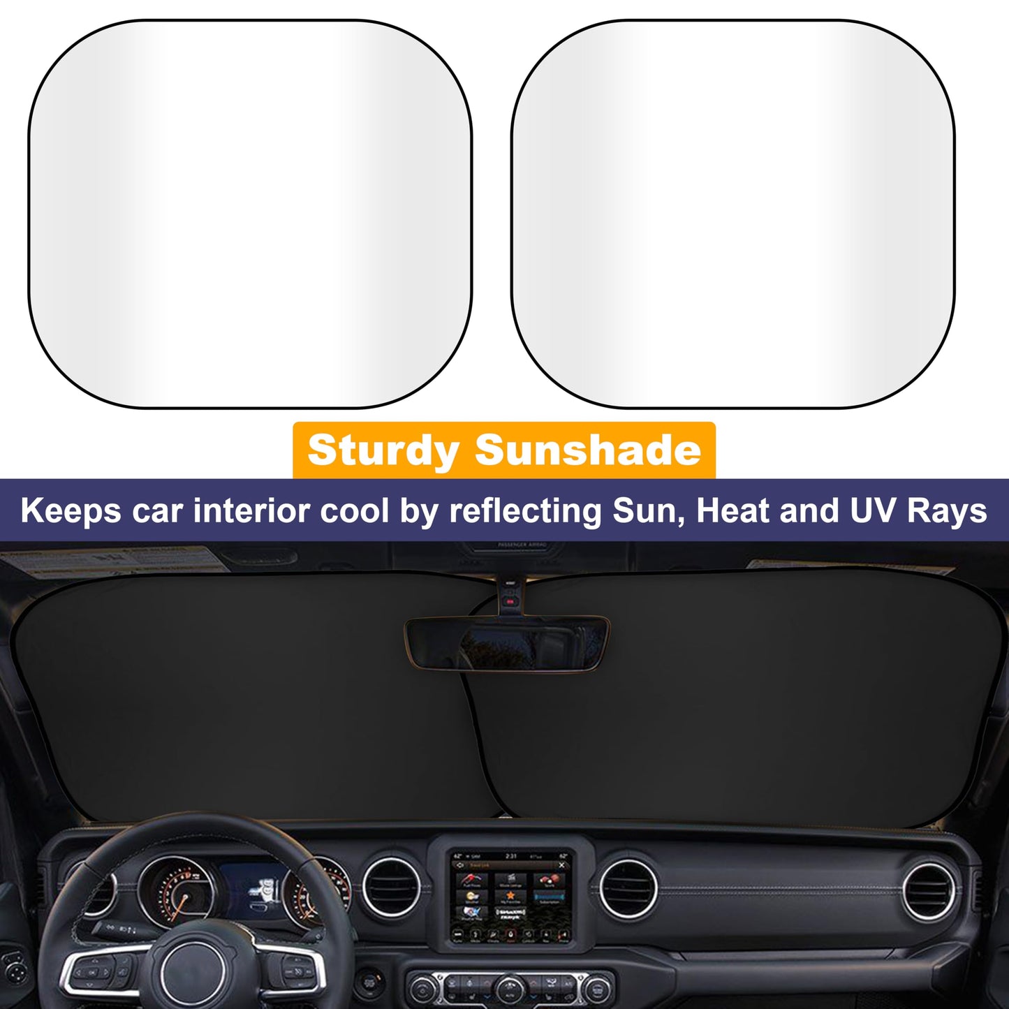 EcoNour 2-Piece Windshield Sun Shade for Jeep, Offers Complete Automotive Sun Protection, Foldable Jeep Windshield Shade Suits Wrangler, Compass, Gladiator & Renegade, (X-Small 18 in x 26 in)