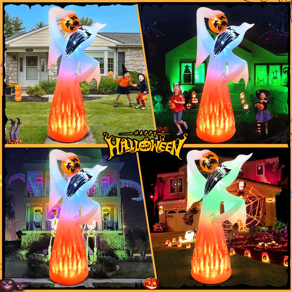 10 FT Halloween Inflatables Ghost with Pumpkin Decoration, Built in Flame Rotation LEDs Huge Halloween Inflatable Large Spooky Blow Ups Halloween, Party, Indoor, Outdoor, Garden, Yard Lawn