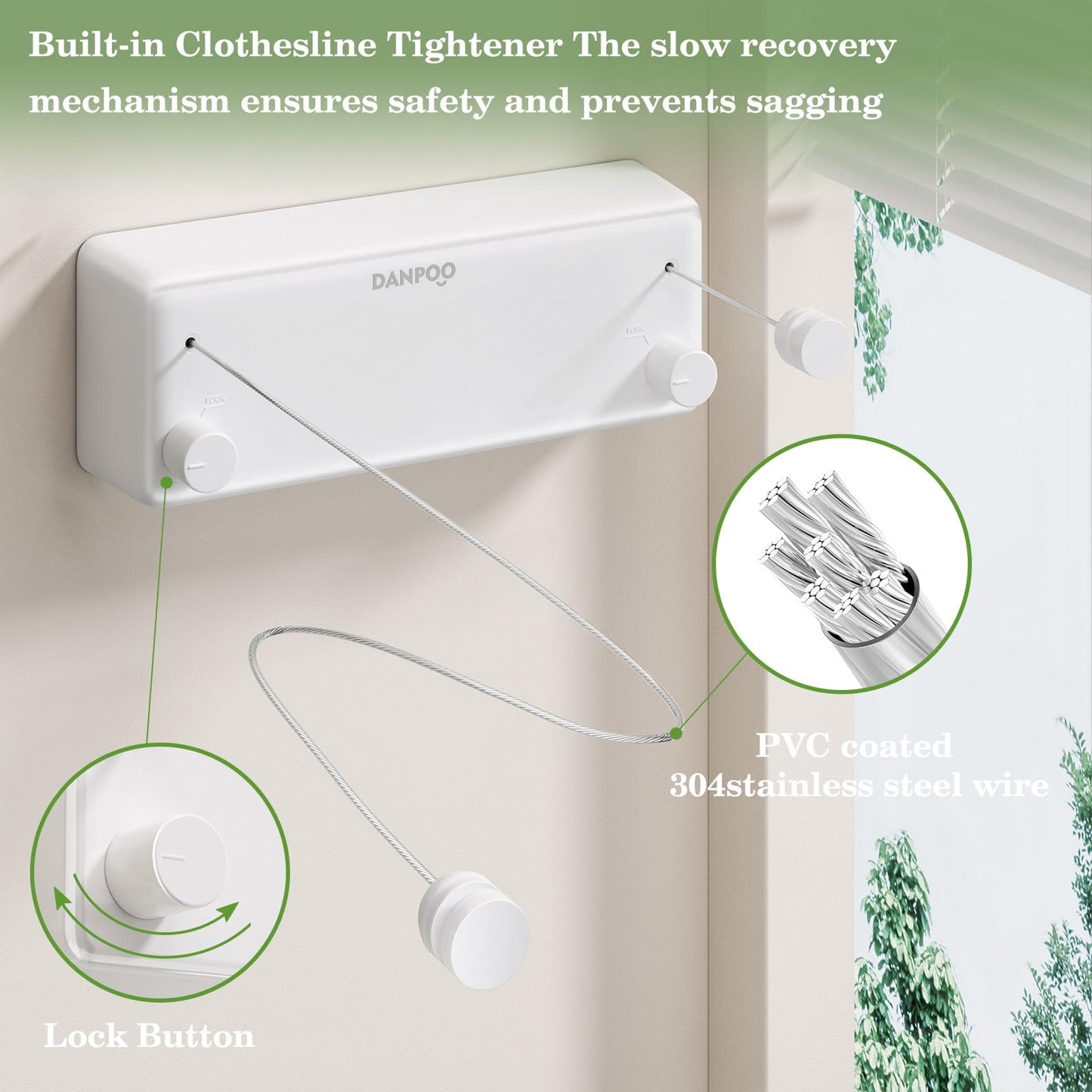 Danpoo Retractable Clothesline Indoor/Outdoor, Clothes Line Retracting Indoor, Double Clothes Lines for Hanging Clothes with 13.8 Ft Steel Wire, Laundry Line, Clothes Drying Line, White