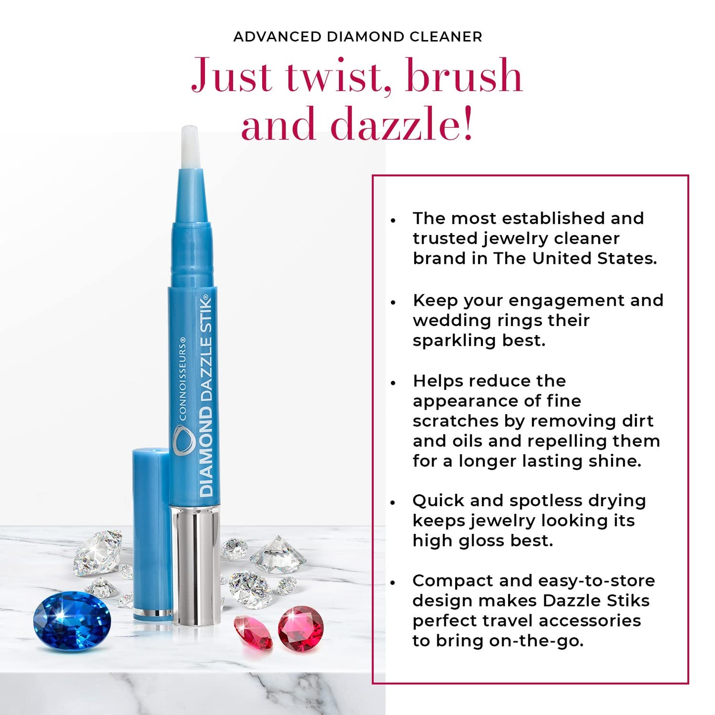 CONNOISSEURS Diamond Dazzle Stik for Rings, Earrings, and Bracelets - Portable Jewelry Cleaner Solution Pen - Reduces Scratches and Removes Dirt