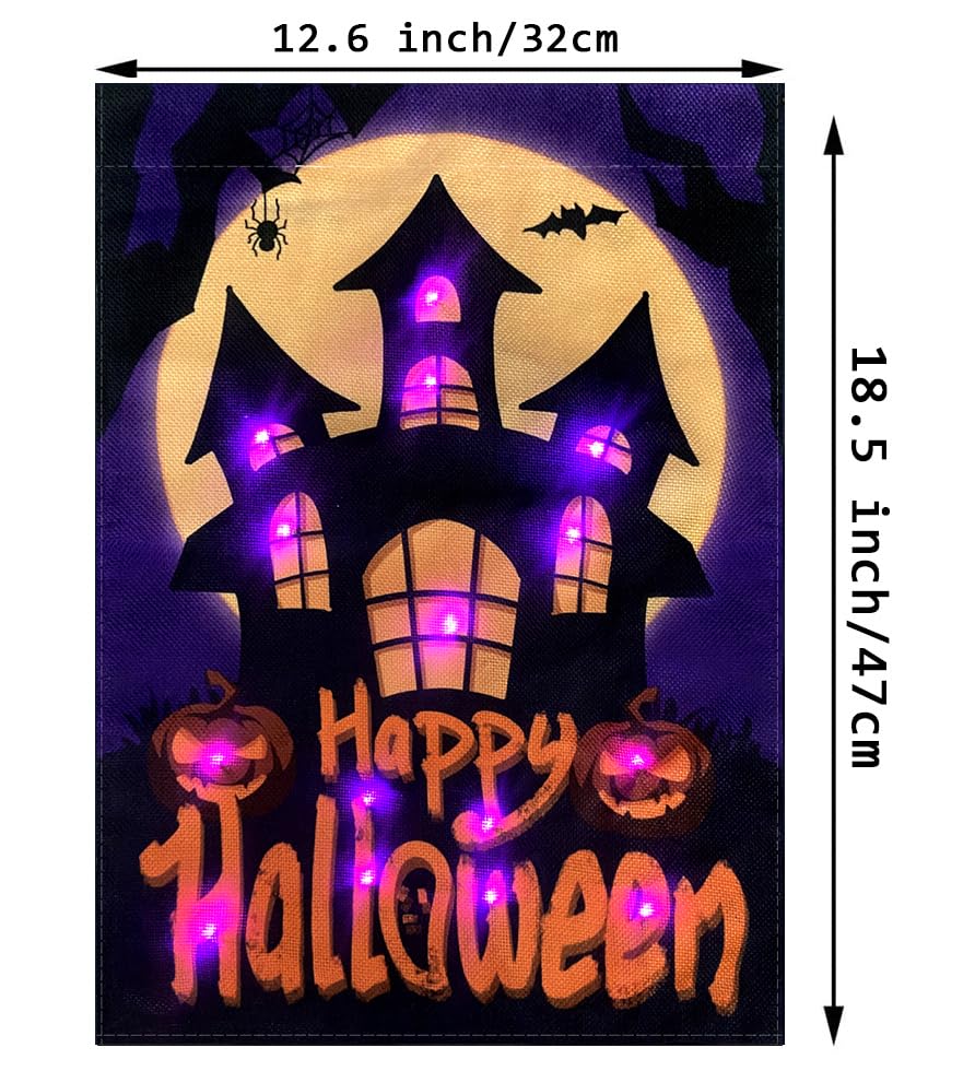 Happy Halloween Garden Flag LED Lighted Vertical Double Sided Garden Flag Halloween Castle Holiday Farmhouse Outdoor Yard Lawn Decoration 12.5 x 18 Inch