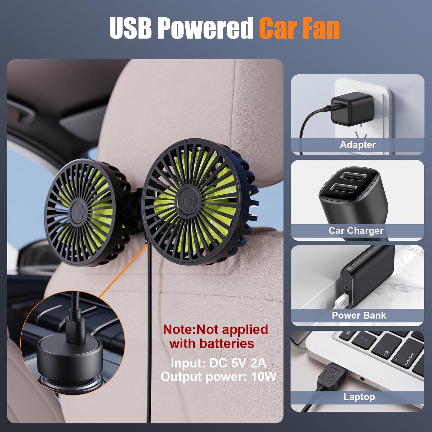 Hayousui USB Car Cooling Fans for Backseat: Dual Head Car Fan for Kids 3 Speeds 360° Rotatable Vehicle Rear Headrest Fans 5V Powerful Electric Air Circulation Fan for Sedan SUV RV Truck (USB Plug)