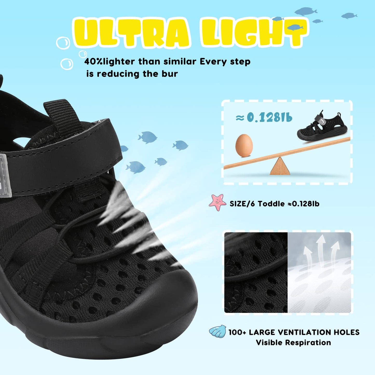 JOINFREE Kids Water Sports Shoes Toddler Auqa Sneakers Boys Girls Outdoor Quick Dry Beach Surf Barefoot Lightweight Non-Slip Breathable Swim Shoes 9 Toddler Black