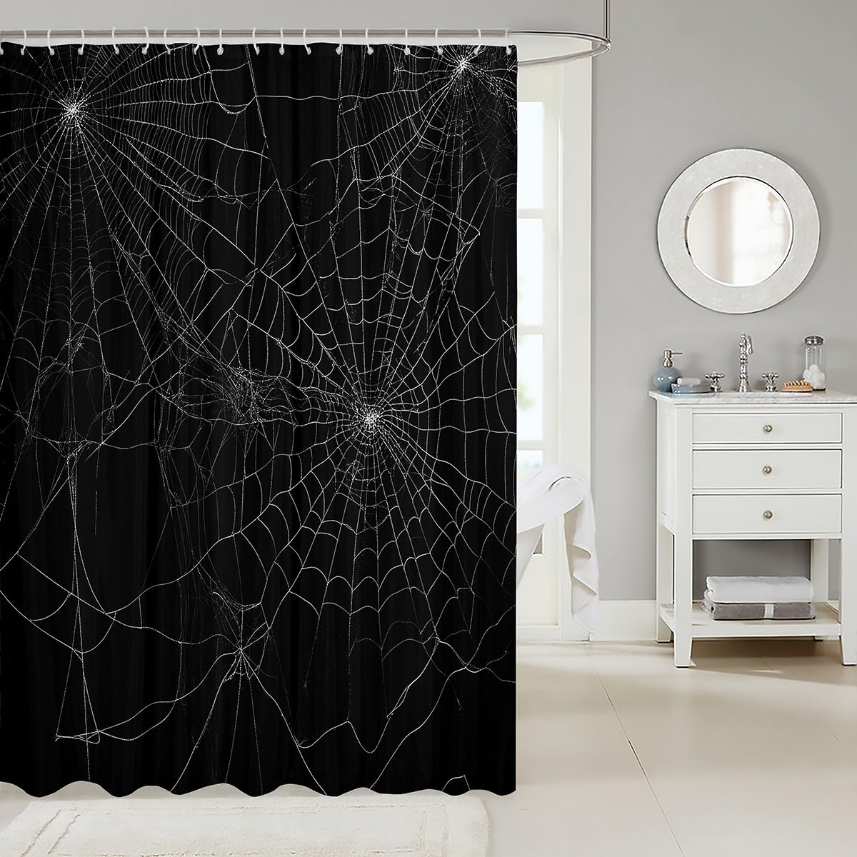 Feelyou Spider Web Bath Curtain Halloween Theme Spider Print Shower Curtain Black White Decor Bathroom Curtain Set Polyester Trick or Treat Waterproof Shower Curtains 72"x72"