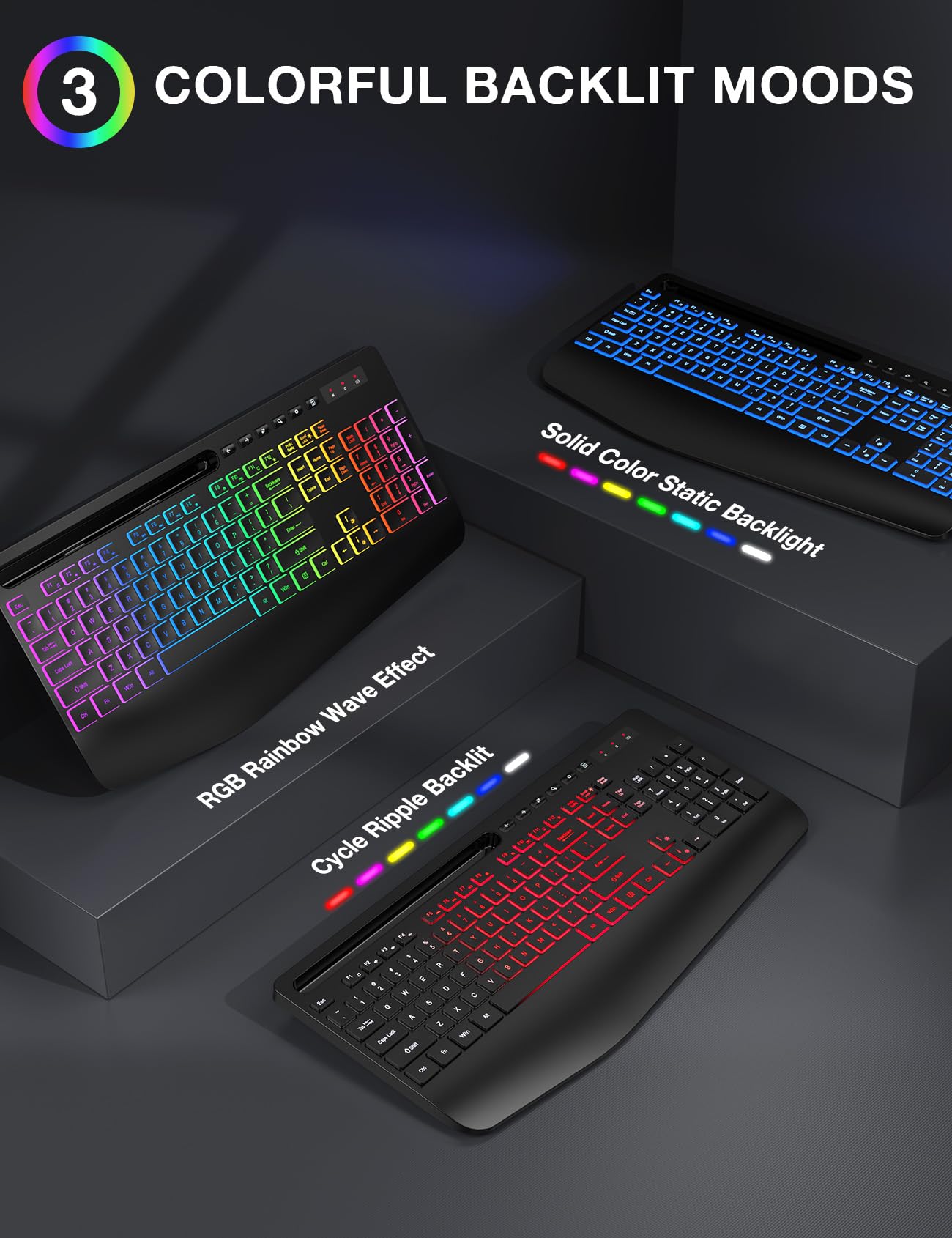 Wireless Keyboard and Mouse Combo, 9 Backlit Effects, Wrist Rest, Phone Holder, 2.4G Lag-Free Ergonomic Keyboards, Rechargeable Silent Cordless Set for Computer, Laptop, PC, Mac, Windows -SABLUTE