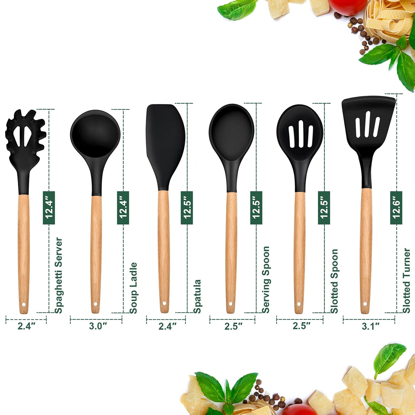 E-far Cooking Utensils Set of 6, Silicone Kitchen Utensils with Wooden Handle, Non-stick Cookware Friendly & Heat Resistant, Includes Spatula/Ladle/Slotted Turner/Serving Spoon/Spaghetti Server(Black)