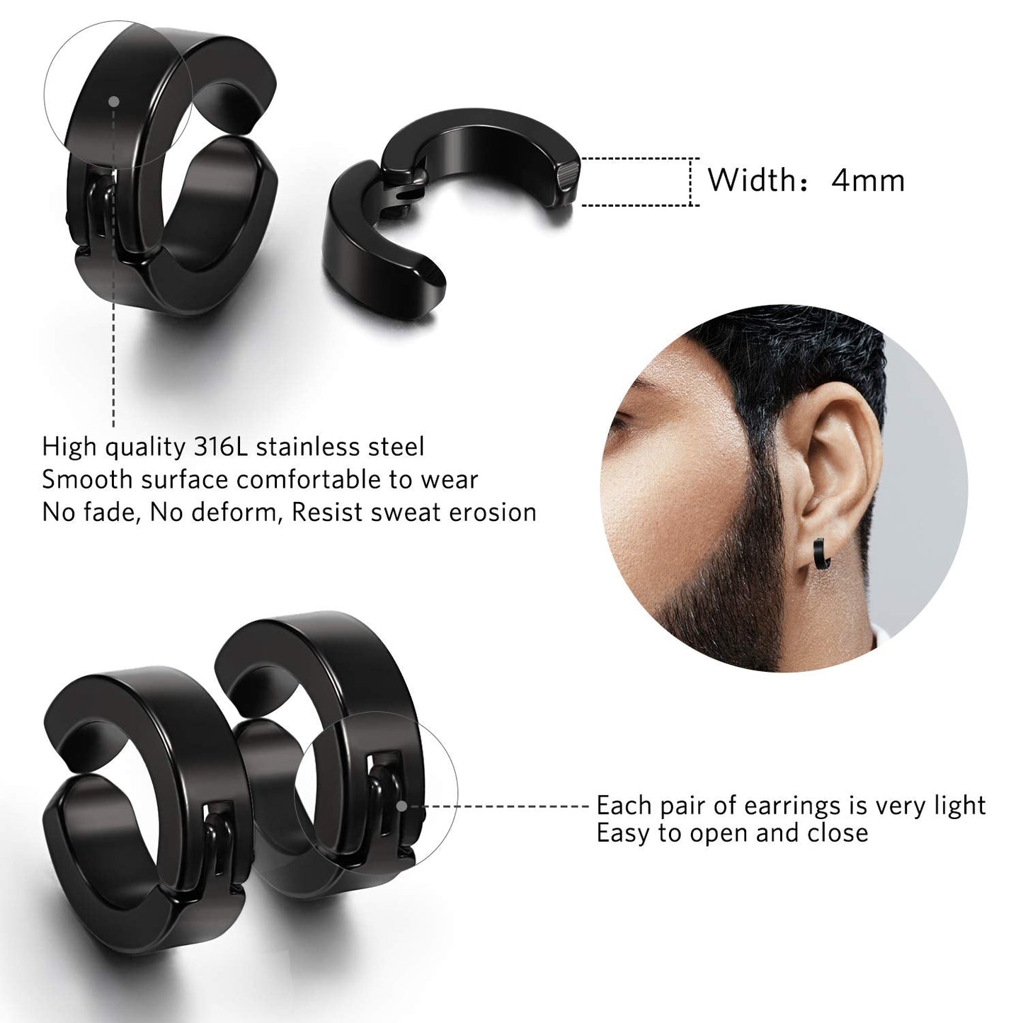 9 Pairs Magnetic Stud Earrings Stainless Steel Feather Dangle Hinged CZ Magnet Non-Piercing Cross Dangle Hoop Earring Set, Black, Stainless Steel