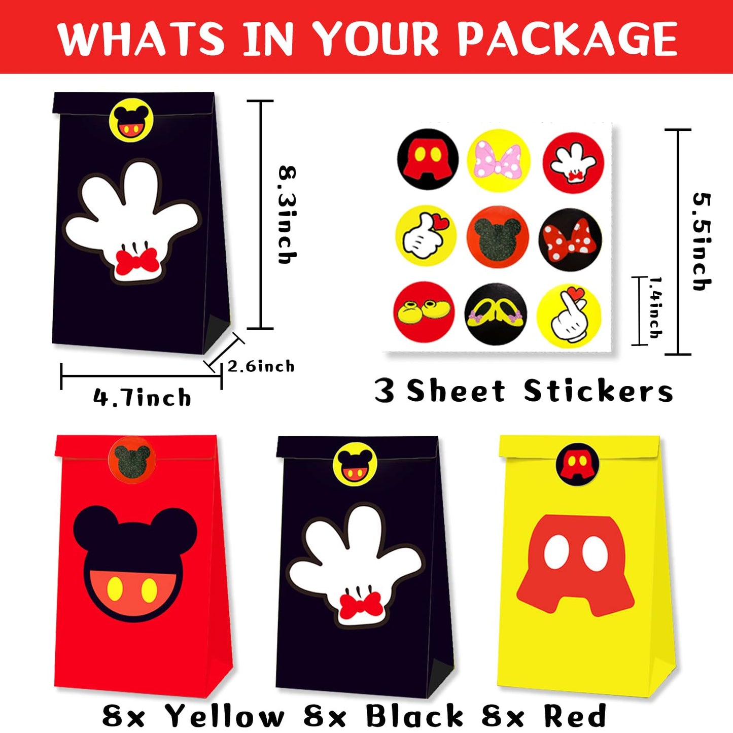 Einponny 24Pcs Mouse Party Bags with Stickers Paper Supplies Favors Cookie Chocolate Candy Snack Bags For Birthday Party Decoration Supplies