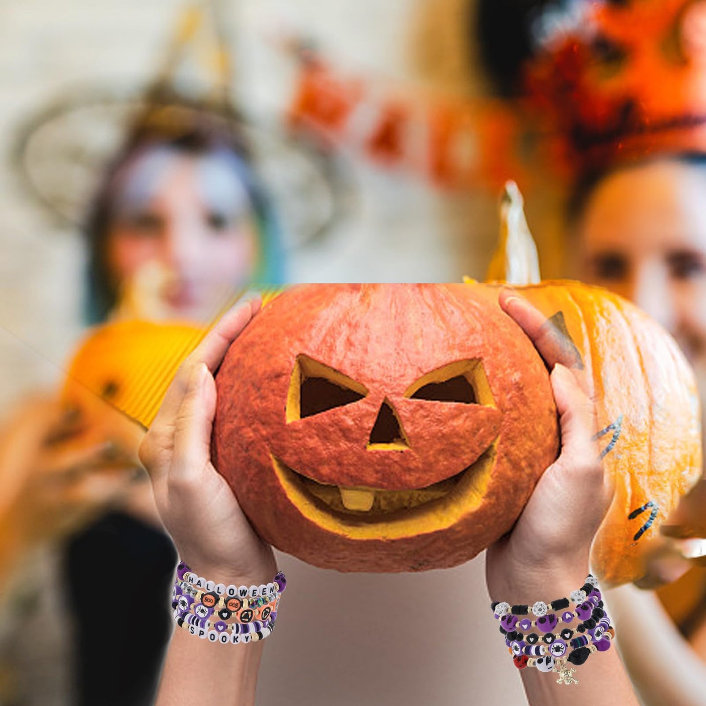 Cooluckday 10 Pcs Stackable Bracelet Set - Halloween Bracelets with Pumpkin, Spider, Ghost Charms - Stretch Bracelets for Women - BOO Happy