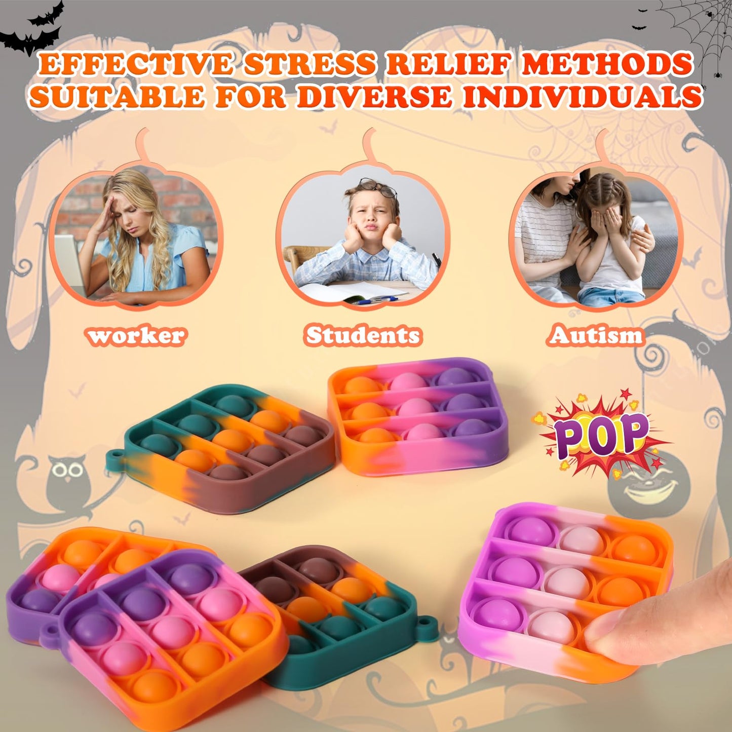 64Pack Halloween Mini Pop Fidget Toys Pack with Cartoon Letter Party Favors, Silicone Squeeze Pop Bubble Fidget Bulk Sensory Toys, Pop Keychain Bubble Toy Party Bag Fillers for Kids