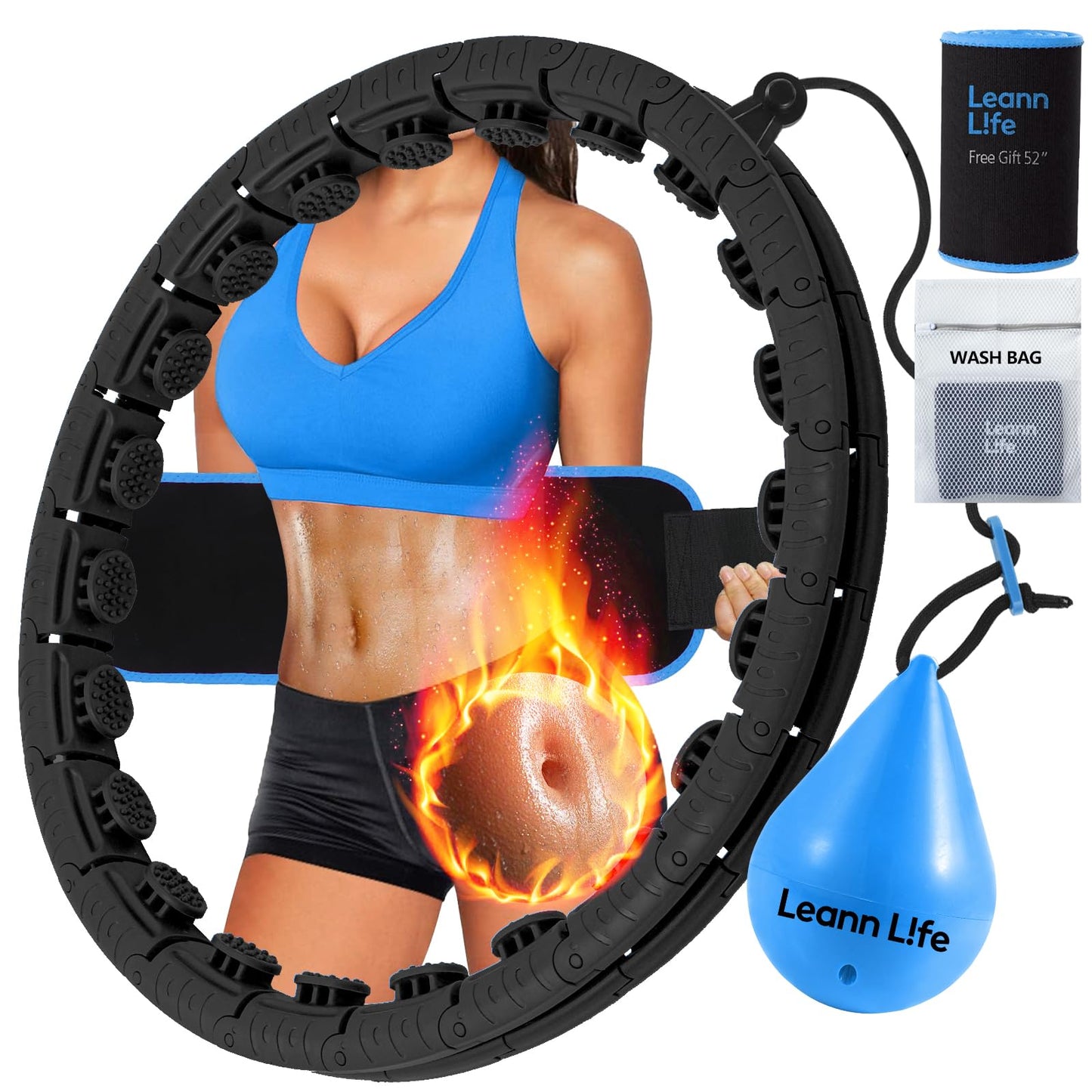 Leann L!fe U2 Black 32 Knots 19”- 65”, Adjustable Weighted Hula Hoop for Kids & Adults Weight Loss, Infinity Hoop Plus Size, Abdominal Toner, Free Waist Trimmer & Wash Bag, Black-Blue Ball