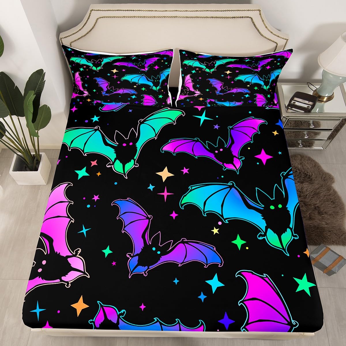 Erosebridal Halloween Bat Bedding Set King Size Glitter Stars Galaxy Bed Sheet Set for Kids Child, Cartoon Gothic Bats Fitted Sheet Halloween Decorations Teal Blue Green Purple