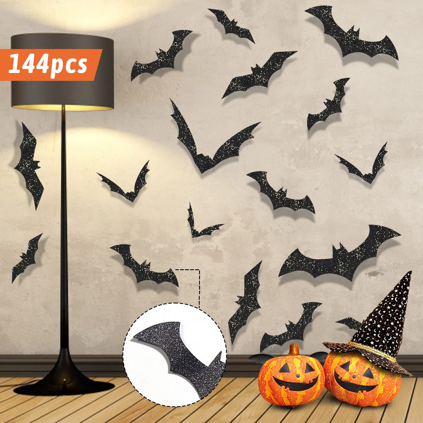 FOIMAS 144pcs Halloween Bat Wall Decor,3D Black Glitter Bats Wall Stickers Decal for Halloween Home Decoration Party Supply