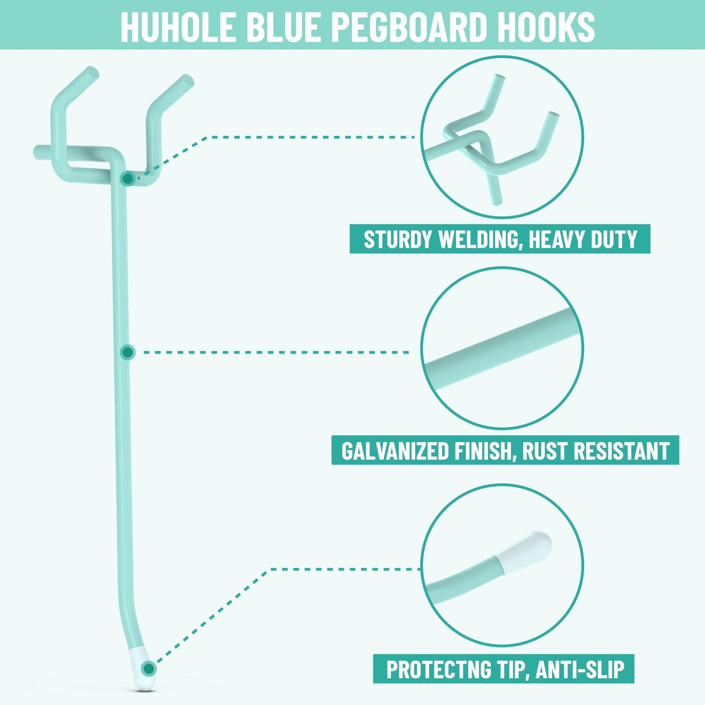 HUHOLE Pegboard Hooks 6 Inch 50PC, Blue Peg Board Hooks, Fit 1/4" or 1/8" Pegboard, Ideal Peg Board Organizer Accessories for Garage Tool Organization, Wall Storage (Blue, 6 Inch)