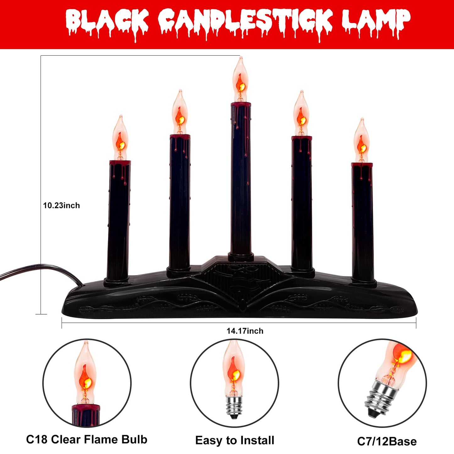 1 Pack Halloween Electric Candle Lamps, 5 Light Black Flameless Candle with 5 C18 Orange Flicker Flame Bulb, Plug in Flickering Window Candle Holder for Halloween Party Home Table Bar Holiday Decor