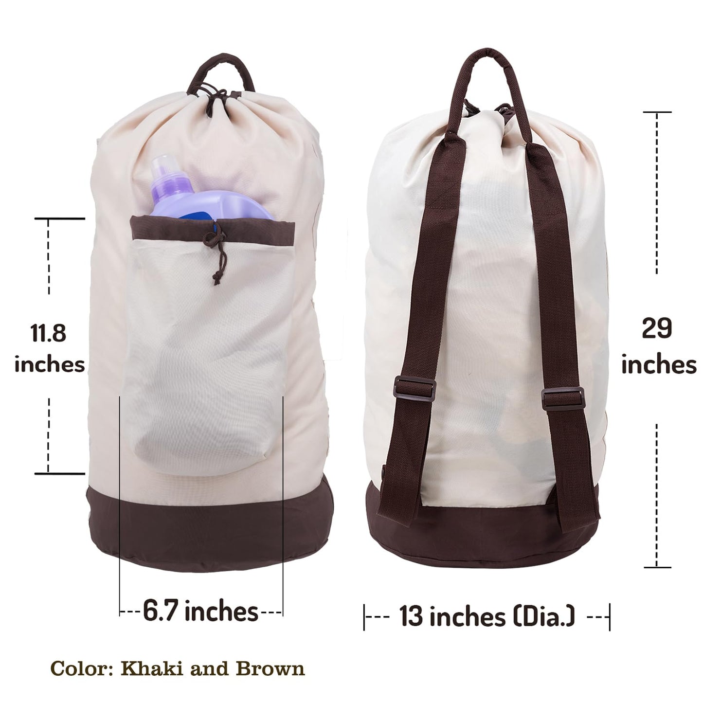 Laundry Bag Backpack with Shoulder Straps and Detergent Holder Clothes, Travel Laundry Backpack Bag Hamper for College Dorm Room (Khaki w Brown)