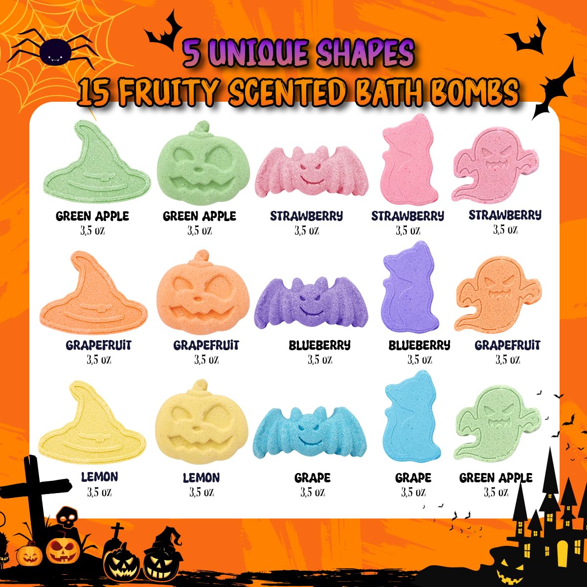 15 Count Halloween Bath Bombs with Pumpkin Bucket, Halloween Spooky Bath Bombs for Kids, Adorable Hallowen Trick o Treat Party Favors for Kids