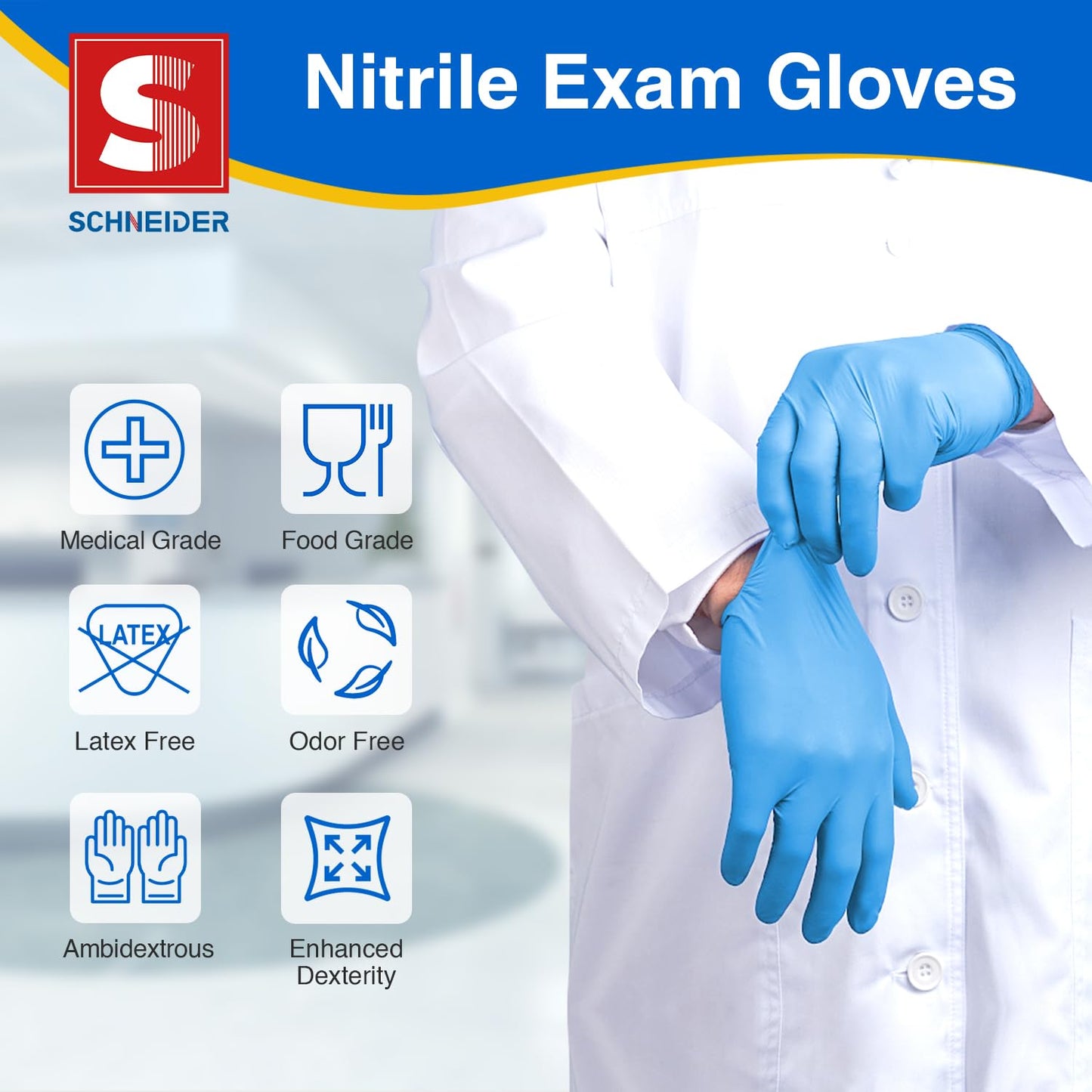 Schneider Nitrile Exam Gloves - L, 100-ct Box,Blue Disposable Gloves, Latex Free, Powder Free, Medical Glove for Cooking, Cleaning, Examination