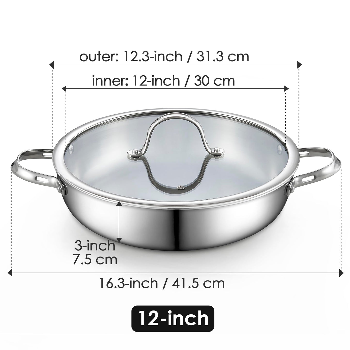 Cooks Standard Multi-Ply Clad Stainless Steel Wok Stir Fry Pan with Glass Lid, 12-inch large Stainless Steel Deep Frying Pan, Everyday Chef's Pan Flat Bottom Wok Induction Cookware