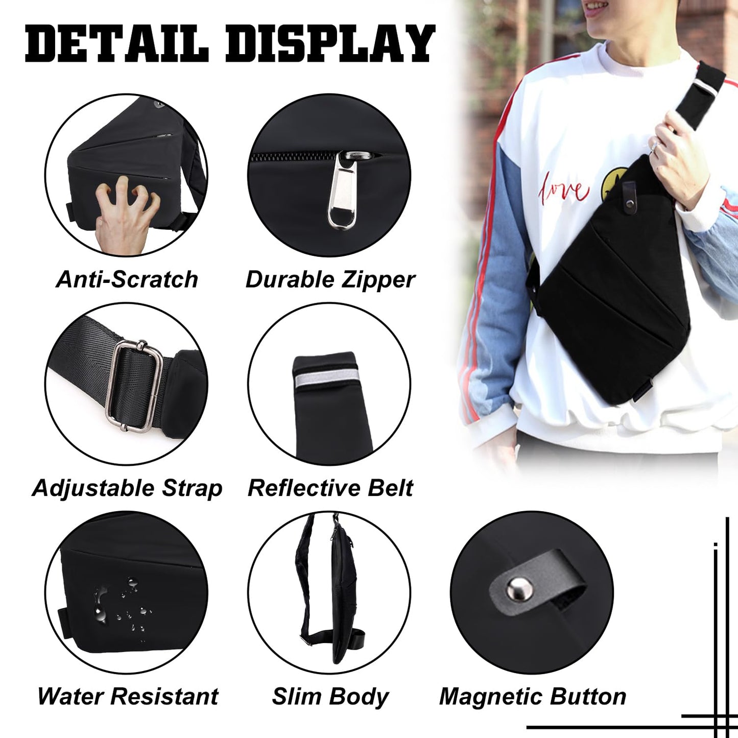 GDOKKNY Anti Theft Crossbody Bag for Women Personal Flex Travel Bag Anti-Theft Cross Body Bag Sling Chest Bag for Men (Black)