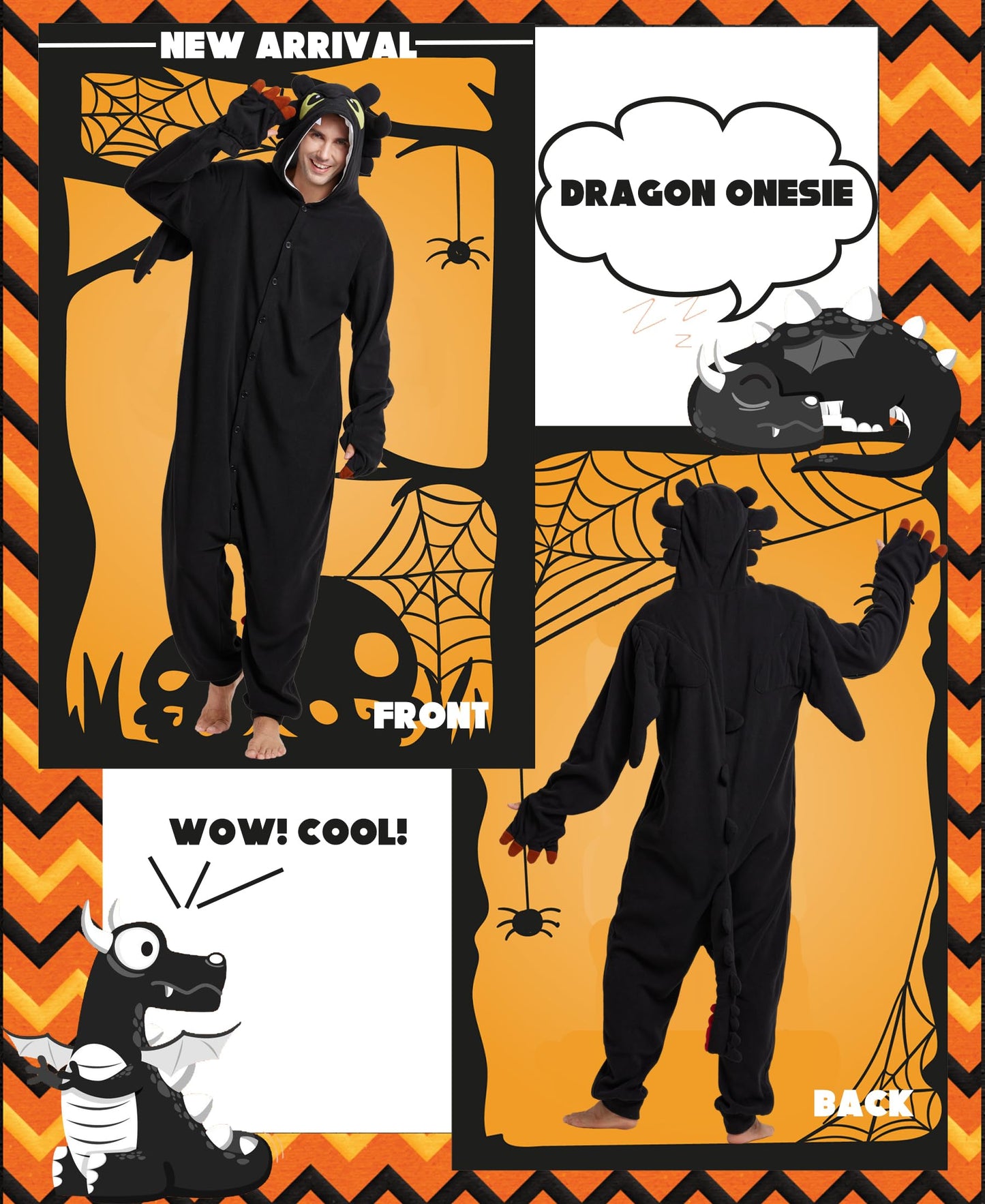 Kidukso Unisex Adult Dragon Onesie Pajamas Cute Animal Sleepwear Dragon Costume Halloween Christmas Party Costumes for Women Teens Men Black Large