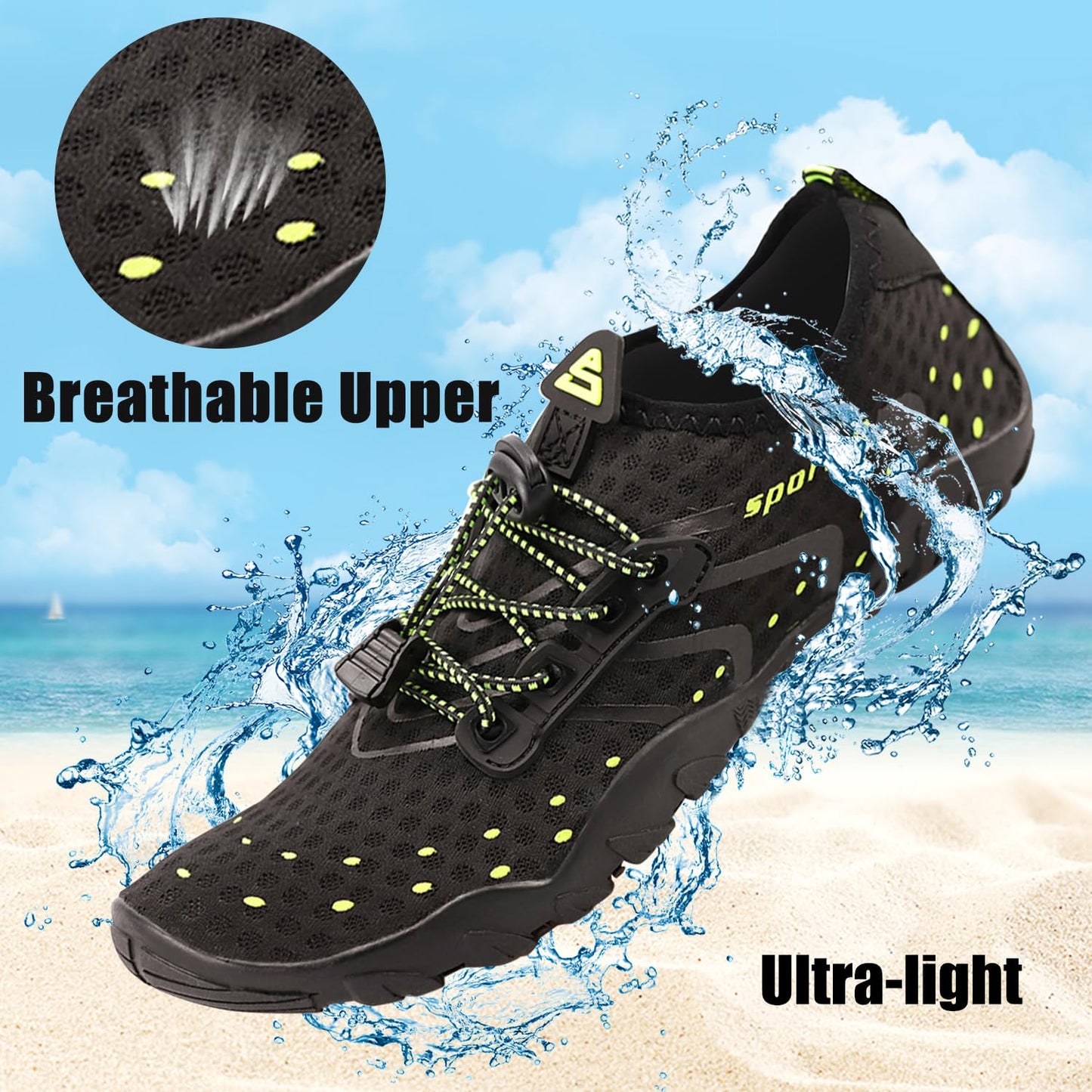 Joelynne Water Shoes for Women Men, Quick Dry Barefoot Aqua Shoes Beach Swim Sports Outdoor Hiking Diving Surf, 1 Carbon Black, 10 Women/8 Men