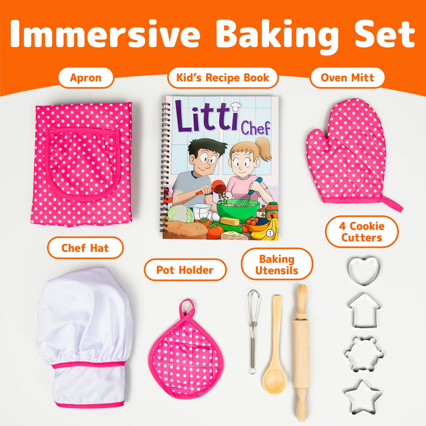 JaxoJoy Kids Cooking and Baking Chef Set for Little Girls, Complete Cooking Sets, Toddler Dress Up and Pretend Play Dress Up Clothes for Girls, Kitchen Toys 3-5 Years Old with Kids Aprons