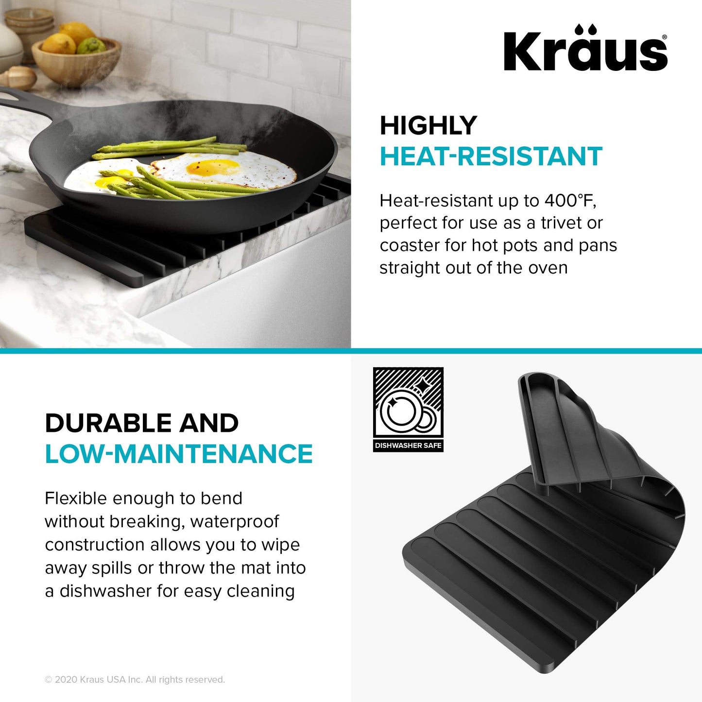 Kraus Self-Draining Silicone Dish Drying Mat or Trivet for Kitchen Counter in Black, KDM-10BL