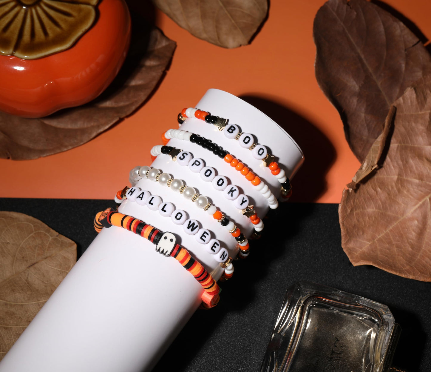 ecozran Halloween Stacked Heishi Bead Bracelet Set 6Pcs Stretch Elastic Pearl Colorful Letter Spooky Boo Halloween Holiday Party Gift for Women(Hallo-wmas-2)