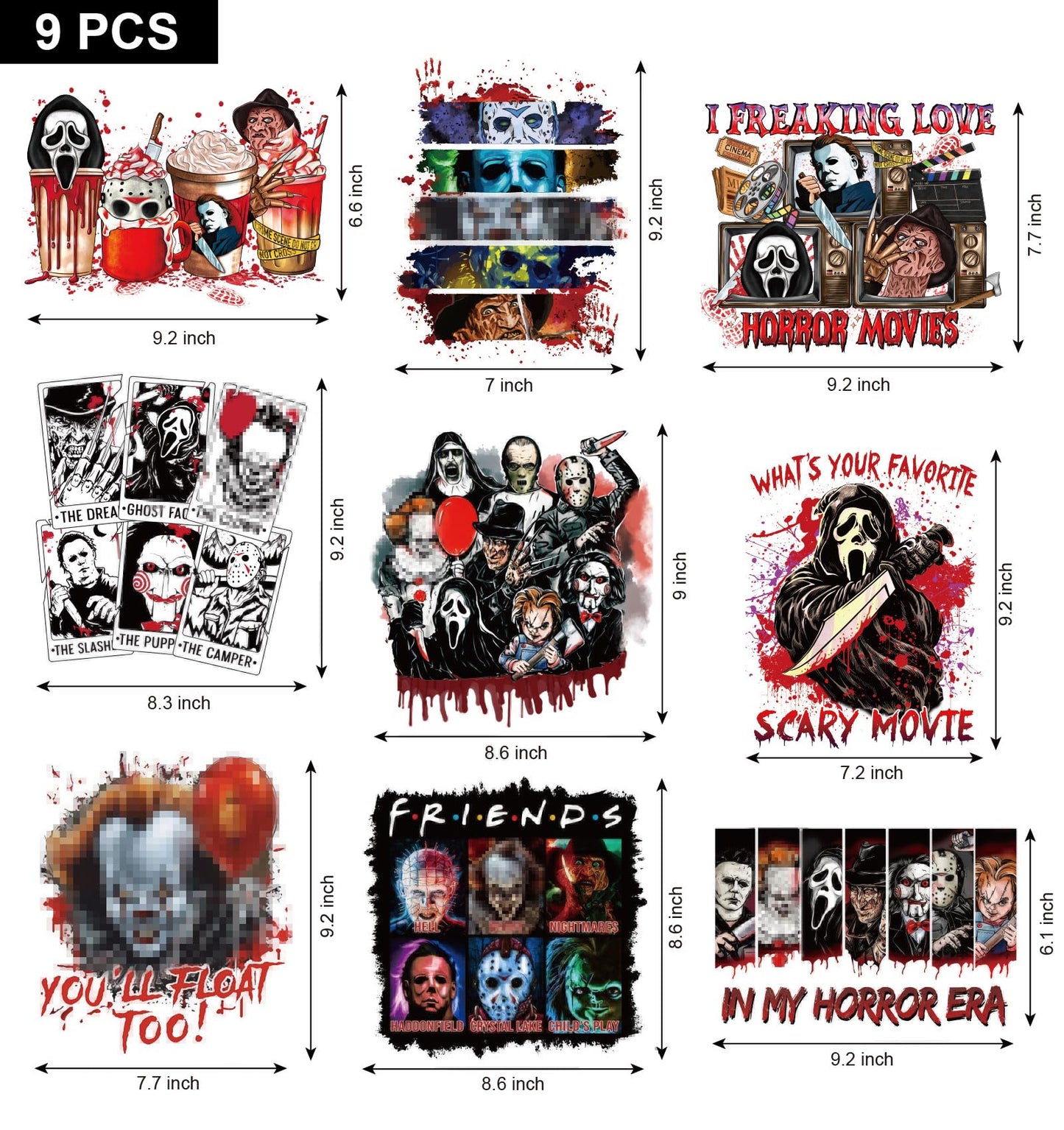 9 Sheets Halloween Iron on Transfers for T-Shirts,Halloween DTF Transfers Ready to Press Heat Transfer Vinyl,Horror Movie Iron on Patches Sticker Halloween Iron on Decals for T-Shirt Clothes DIY