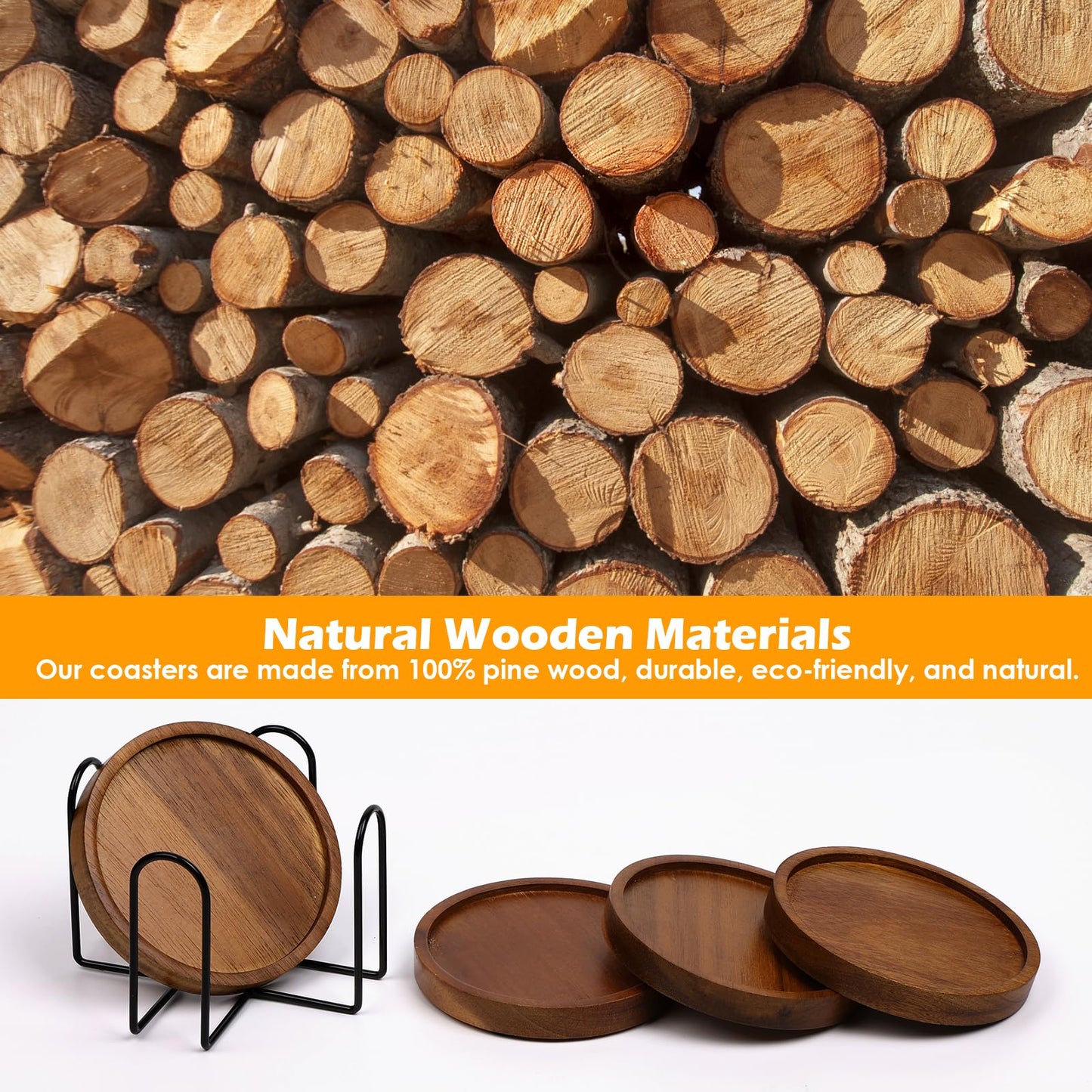 4 Pcs Wood Coasters for Drinks Absorbent, Wooden Coasters with Holder, Drink Coasters for Coffee Table, Absorbent Coaster Set for Table Protection Drink Coasters for Farmhouse, Office, Bar