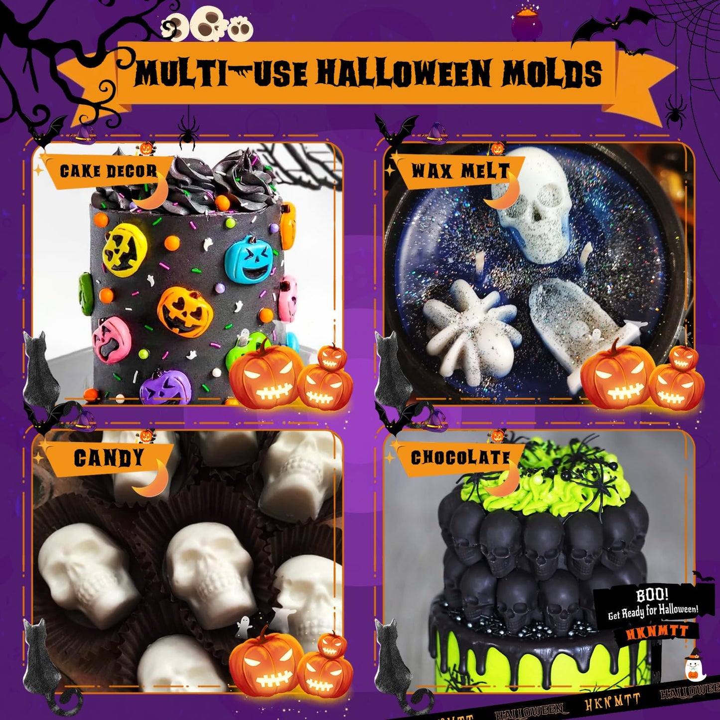 Halloween Molds Silicone for Chocolate 3 Pack, 3D Halloween Chocolate Candy Gummy Mold Skull Pumpkin Bat Ghost Witch Hat Spider tombstone Shapes Mold