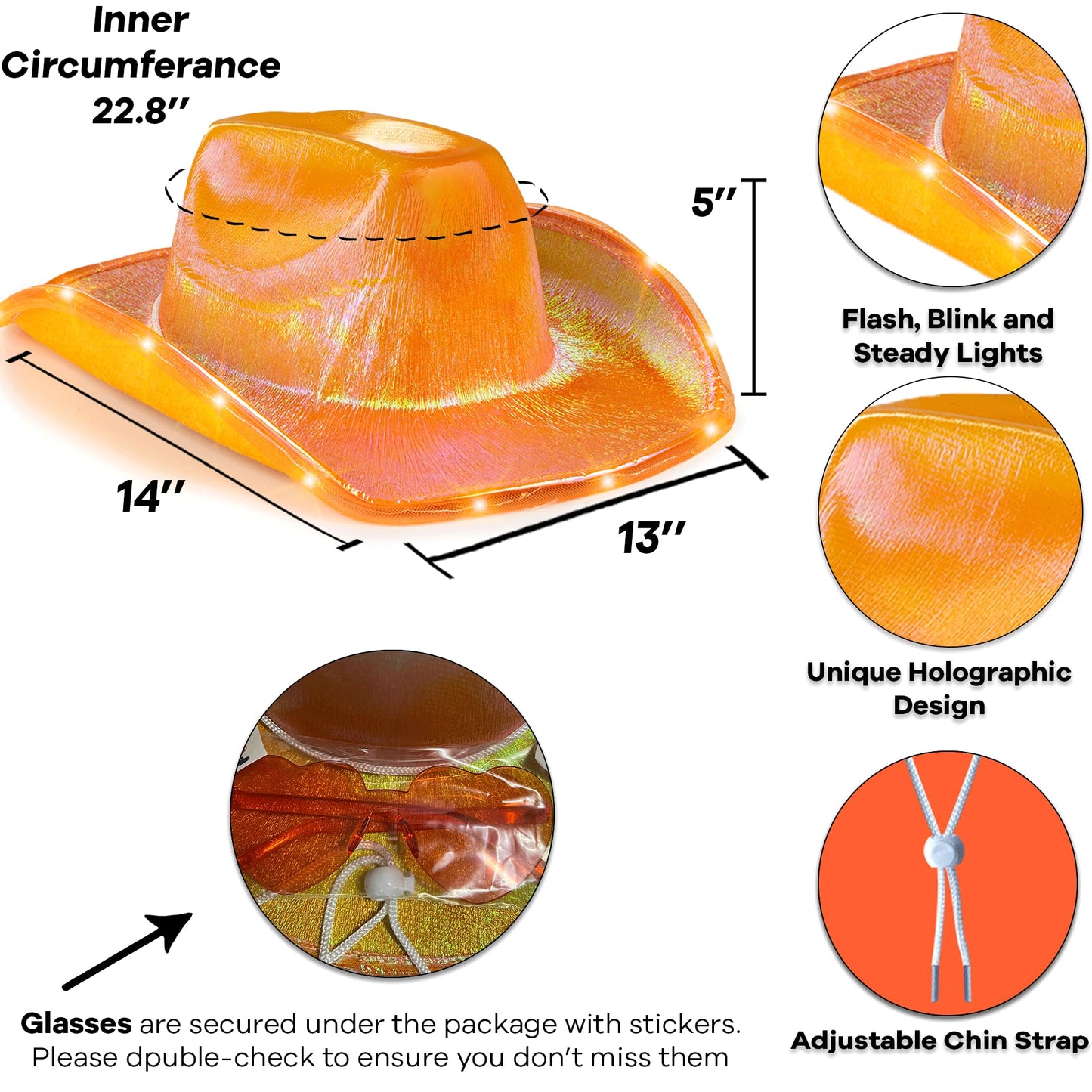 Funcredible Orange Light Up Cowboy Hat and Glasses - Led Cowgirl Hat for Girls - Neon Cowboy Hat - Cowgirl Costume Accessories for Women