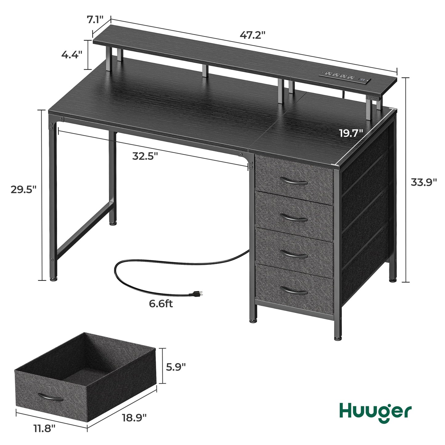 Huuger 47 Inch Computer Desk with Power Outlets and LED Lights, Gaming Desk with 4 Drawers, Office Desk with Monitor Stand, Study Work Home Office, Small Spaces, Black
