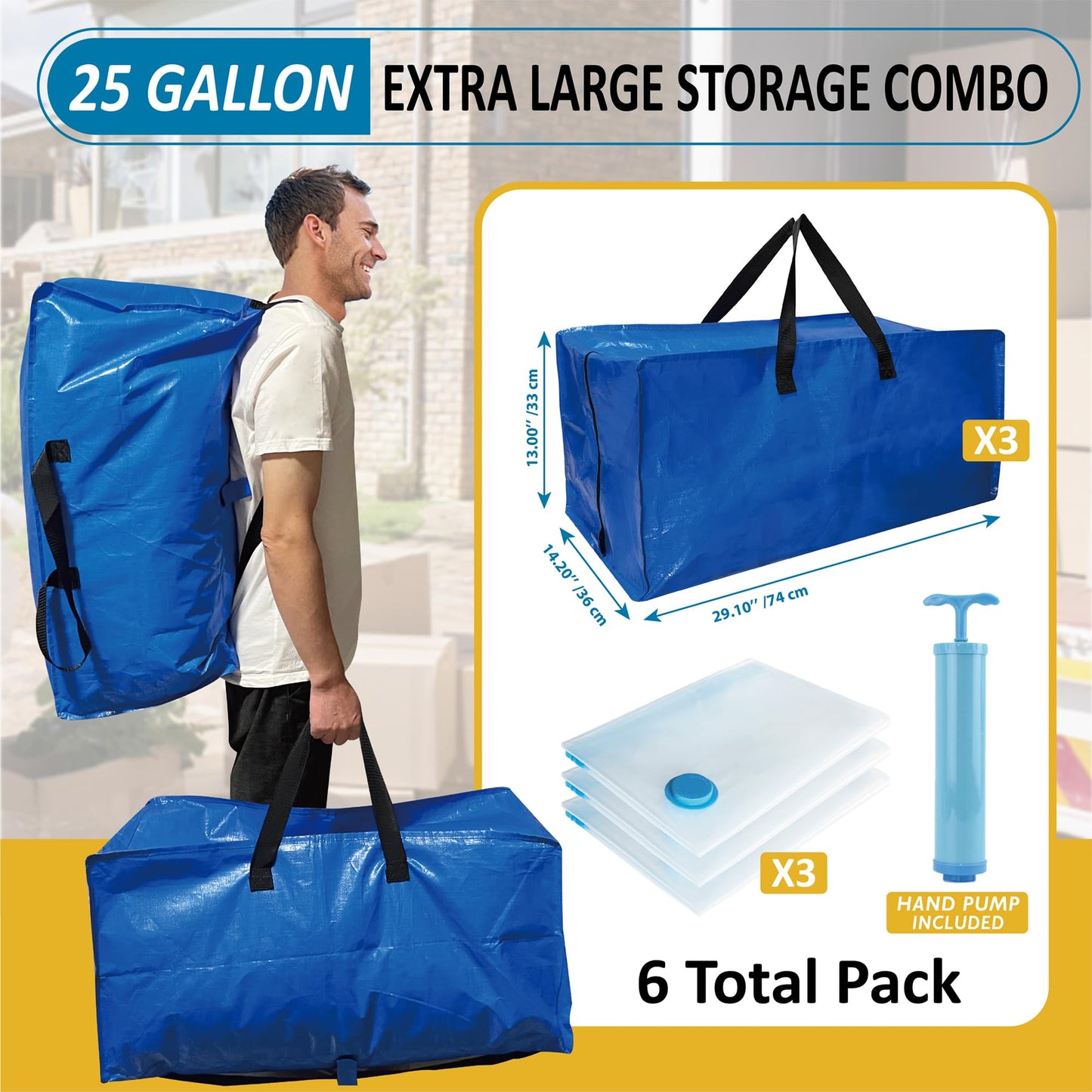 6 Pack Heavy Duty Extra Large Moving Bags with Backpack Straps & Vacuum Storage Bags Moving Supply Combo, Moving Totes with Handles & Zippers for Space Saving, Fold Flat, Includes Vacuum Bags