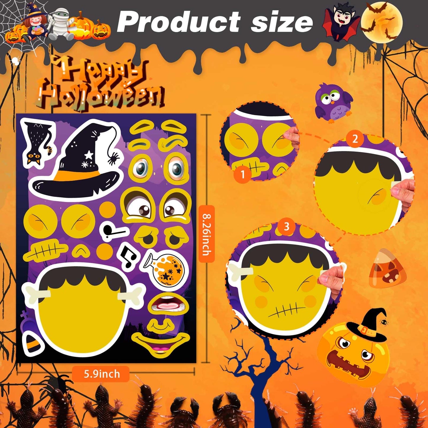 24 PCS Make-a-face Halloween Sticker Make Your Own Halloween Character Mix and Match Sticker with Vampire, Witch, Mummies Zombies, Ghost and Pumpkin Trick or Treat Halloween Goodie Bag Fillers