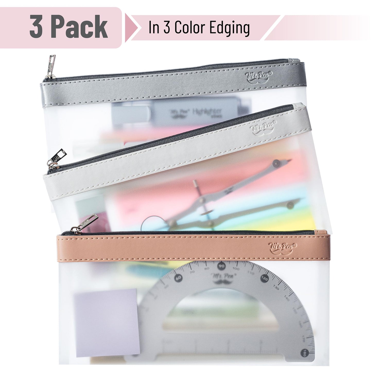 Mr. Pen- Clear Pencil Pouch, 3 Pack, Case for Kids, Makeup Bag, Transparent Storage Organizer