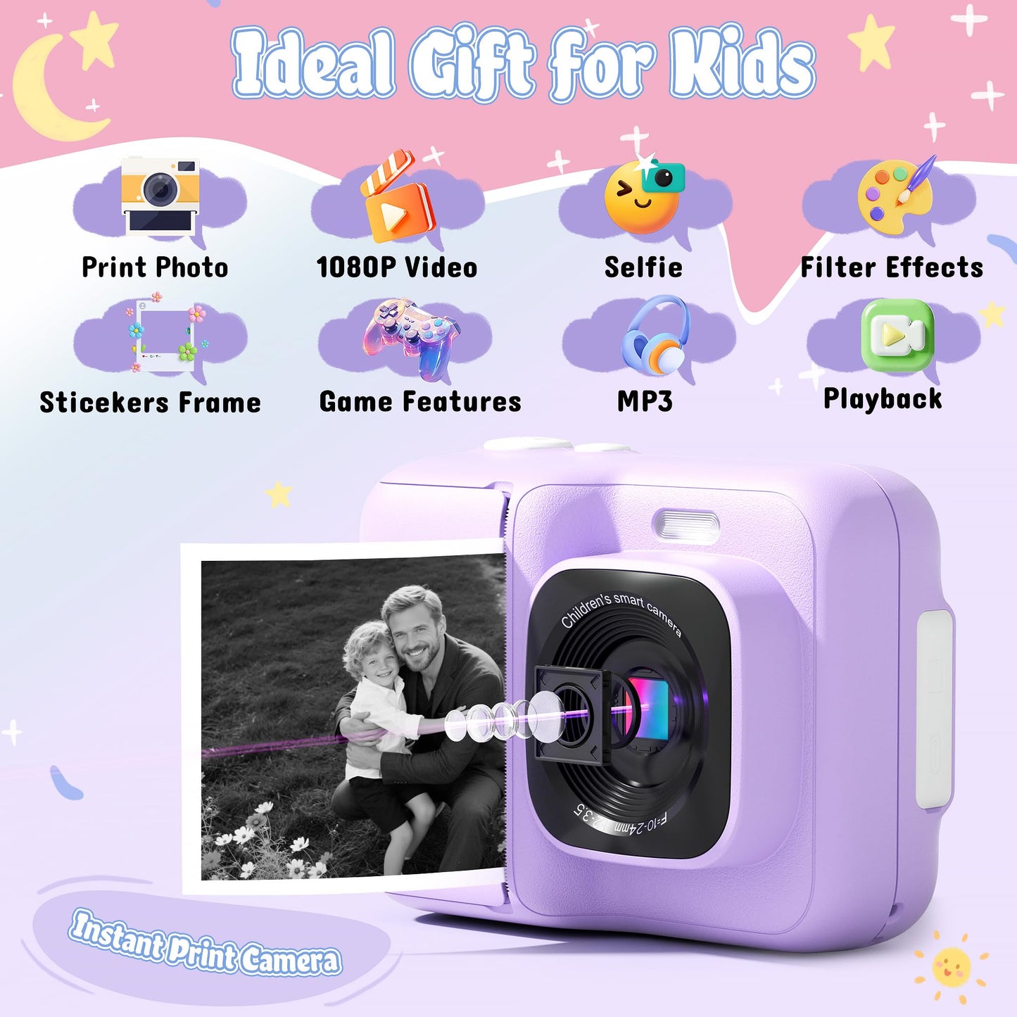 ETIKEZ Kids Camera, 1080P Instant Digital Print Camera for Kids, Christmas Birthday Gifts for 4 5 6 7 8 9 10 Year Old Girls Boys, Portable Toy with 32GB SD Card & 3 Rolls Printing Paper, Purple