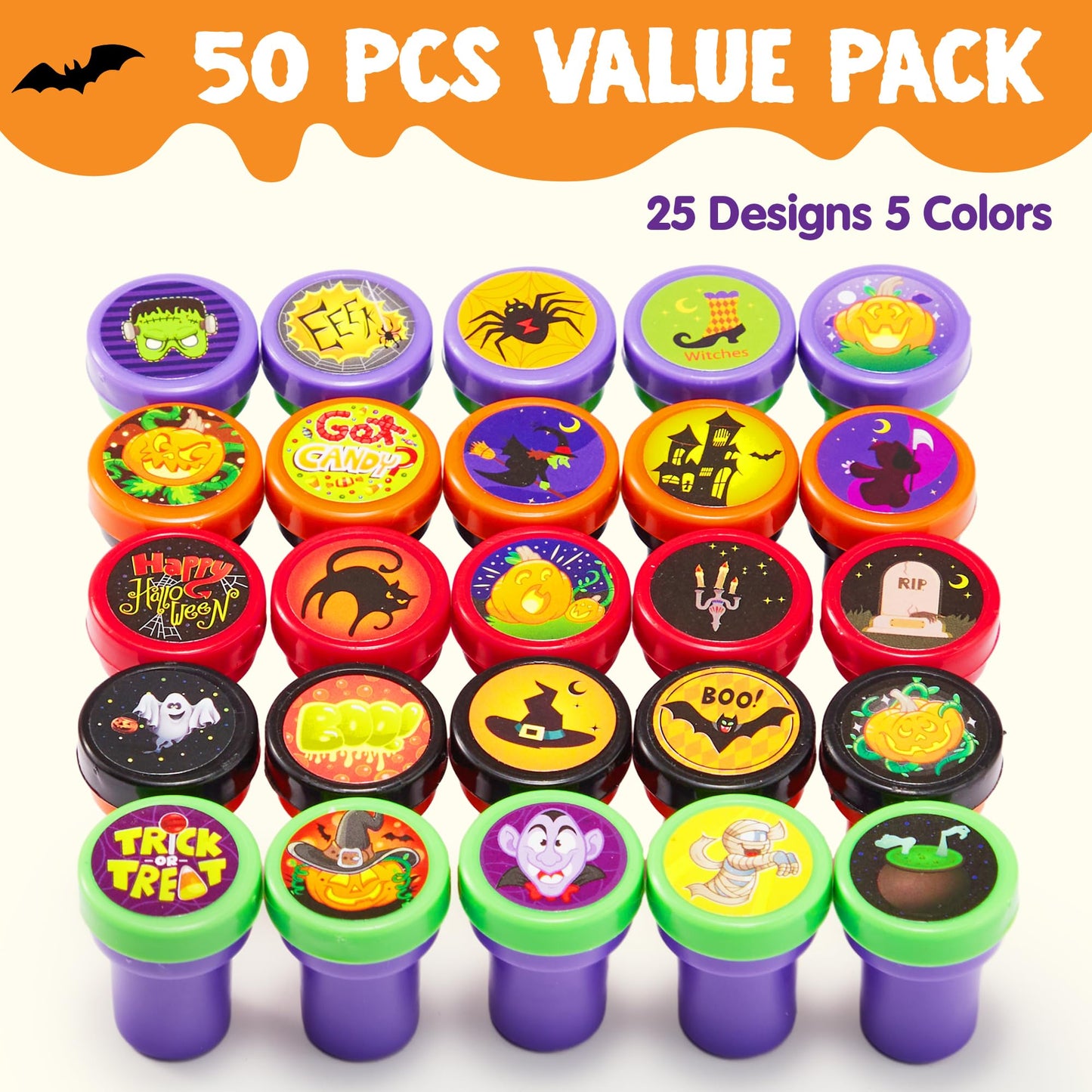 JOYIN 50 Pcs Halloween Stamps for Kids, 25 Designs Assorted Plastic Stamps Bulk, Trick Or Treat Stampers for Halloween Party Favor Gifts, Halloween Goodie Bag Fillers Classroom Game Prizes