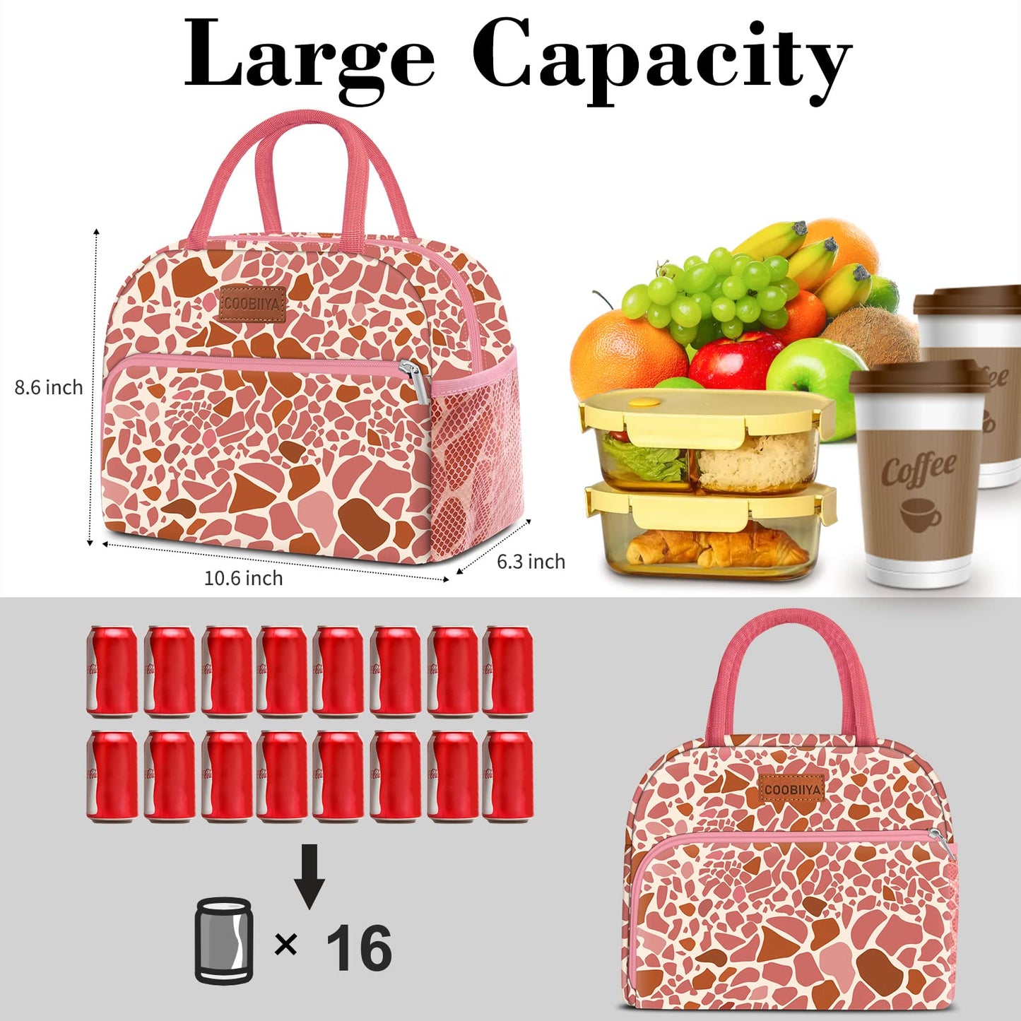 Coobiiya Lunch Bag Women, Lunch Box for Women Adult Men, Small Leakproof Cute Lunch Tote Large Capacity Reusable Insulated Cooler Lunch Container for Work/Office/Picnic/Travel-Pink Leopard