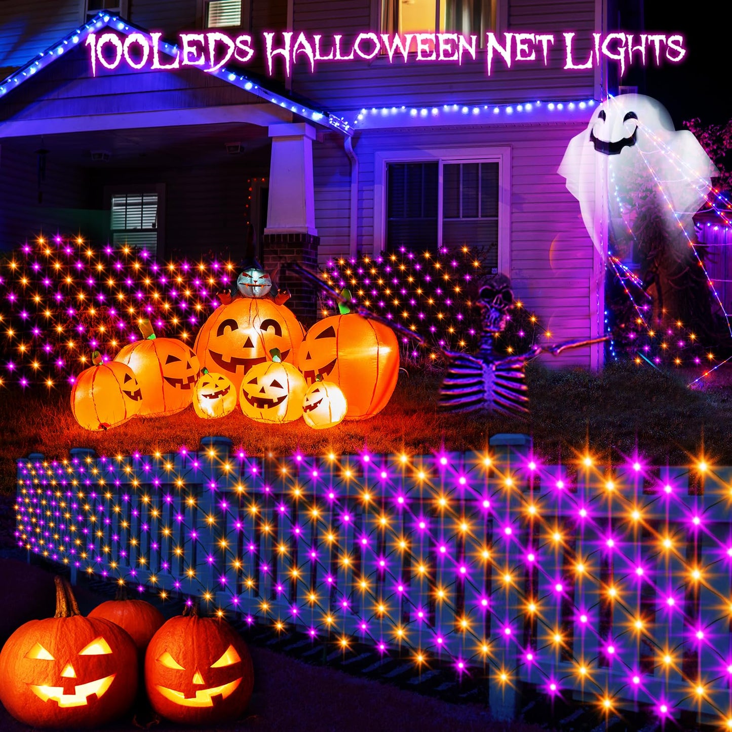 echosari Halloween Net Lights Battery Operated, 5ft ×5ft 100 LED Net Lights with Remote Timer Dimmable Garden Mesh Lighting for Bush Fence Wall Party Decor (Purple Orange)