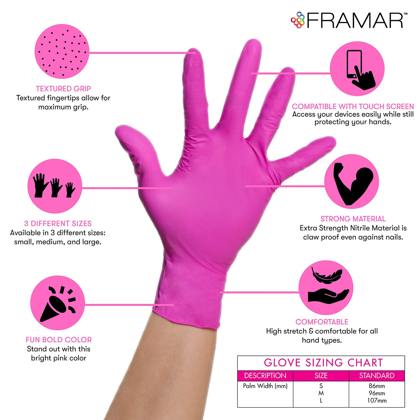 FRAMAR Pink Gloves Disposable Latex Free – Pink Nitrile Gloves Medium, Latex Free Glove Medium, Guantes De Nitrilo, For Hair Dye, Salon, Cleaning, Tattoo, Food Prep, Powder Free – 100 Pack
