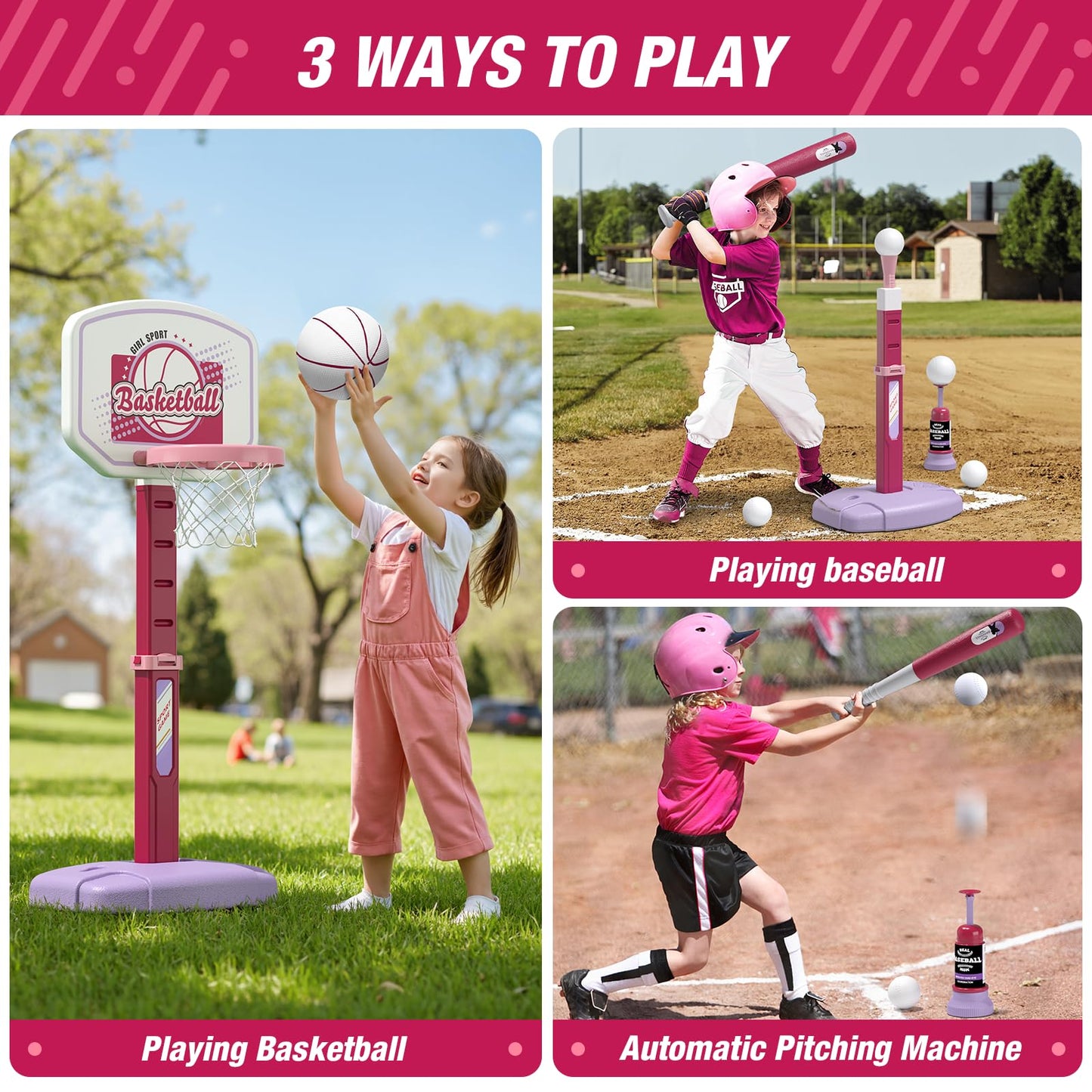 HYES 2 in 1 Kids Basketball Hoop and T Ball Set - Adjustable Height, Kids Baseball Tee with Automatic Pitching Machine, Indoor Outdoor Sport Toys Gifts for Toddler Boys Girls Age 1-5, Pink