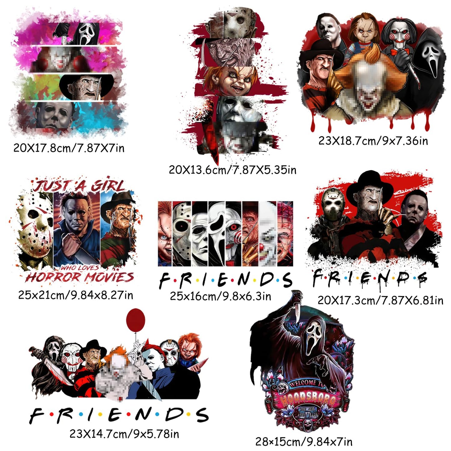 8 Sheet Halloween Iron on Patches Stickers Large Scary Movie Characters Vinyl Heat Transfer Applique Halloween Horror Clown Ghost Face Iron on Decals for T-Shirts Bags Clothing DIY Decorations